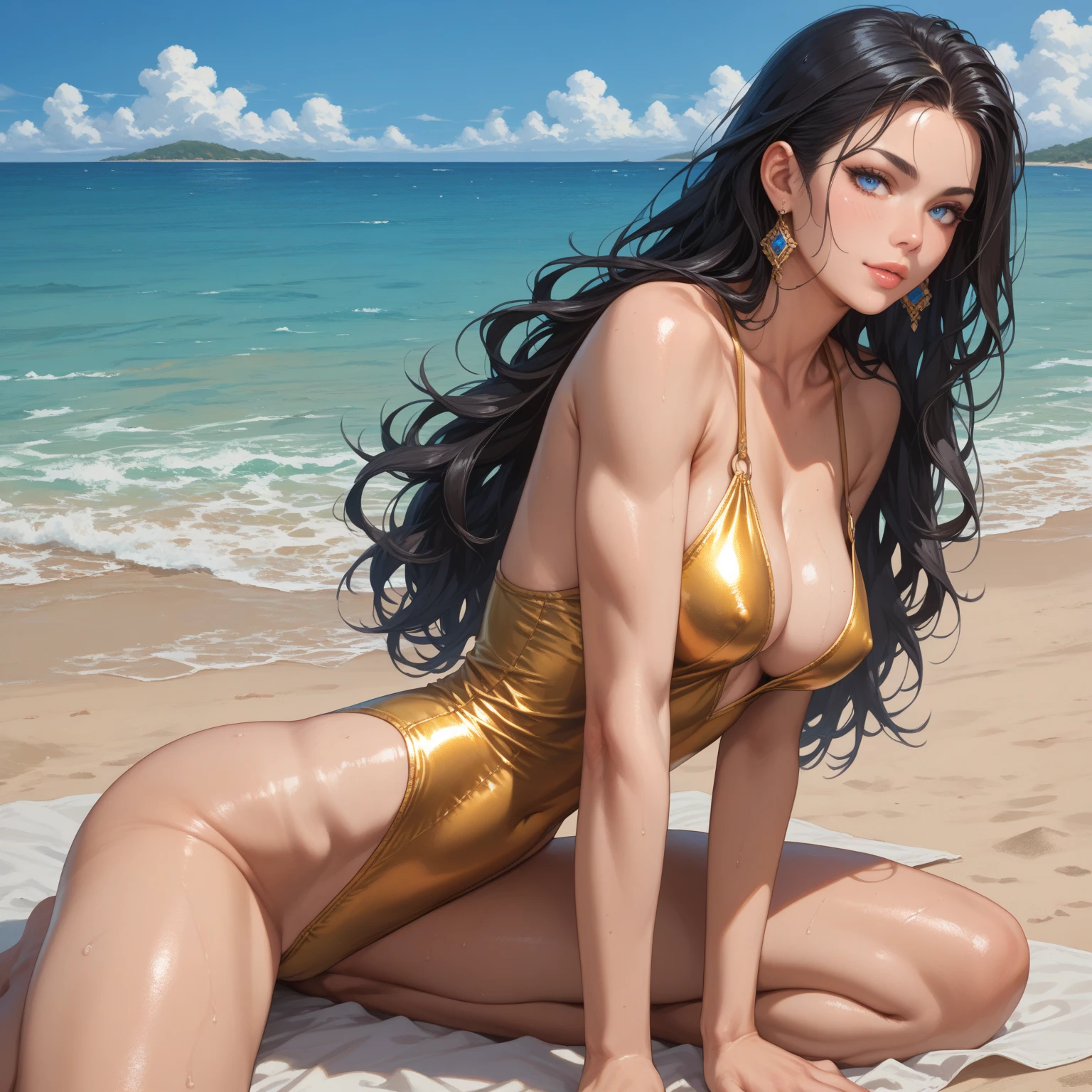 ,(best quality, ultra-detailed, realistic:1.37, masterpiece:1.2), woman, beautiful detailed eyes, beautiful detailed lips, brown hair tied up, smile,gold micro one-piece swimsuit, (muscular body:1.1),slim figure, caustics, textile shading, toned body, clean abs, palm trees swaying, ponytail,
