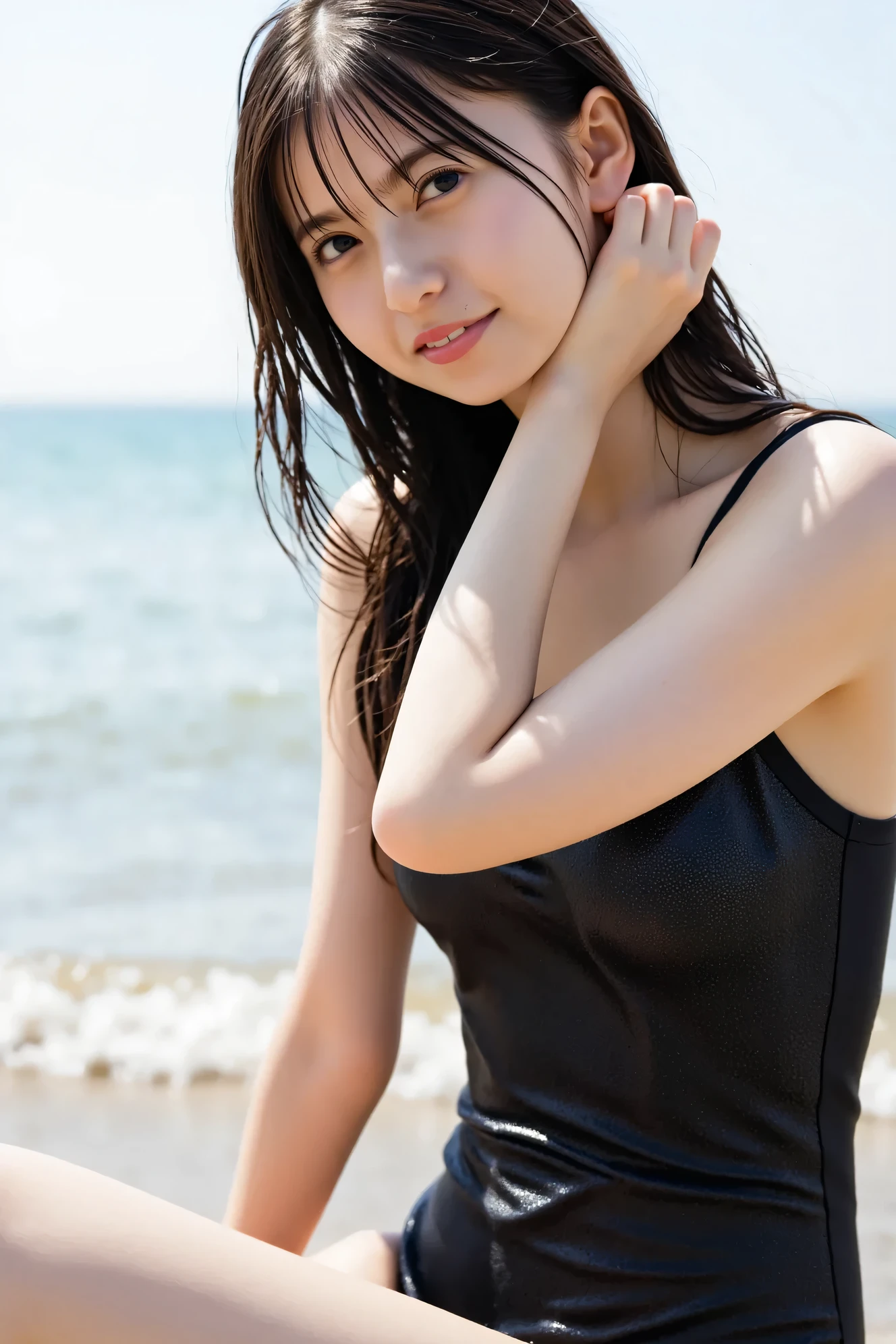 highest quality,masterpiece,32k,realistic,incredibly absurd,Depth of the bounds written、blur background、professional lighting,cinematic lighting,full body,thin,きれいなDay本人女性の写真,25 year old girl,bent down,sandy beach,Wind,Day,nice weather,long hair,black hair,Tank top,mini skirt,Aggressive,