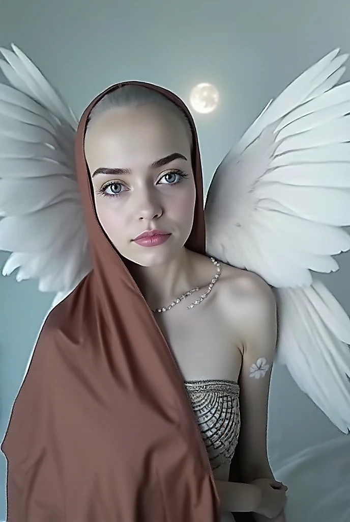 Very beautiful hijab woman angel wear full cover of colourfull crop top gamis with wings, Angel Halo, open tits, open nipple, heaven, small breat, small chest, small tits, sensitive tits, pointed and sharp nipple, slim abs, sixpack abs, smiling face, rounded tits