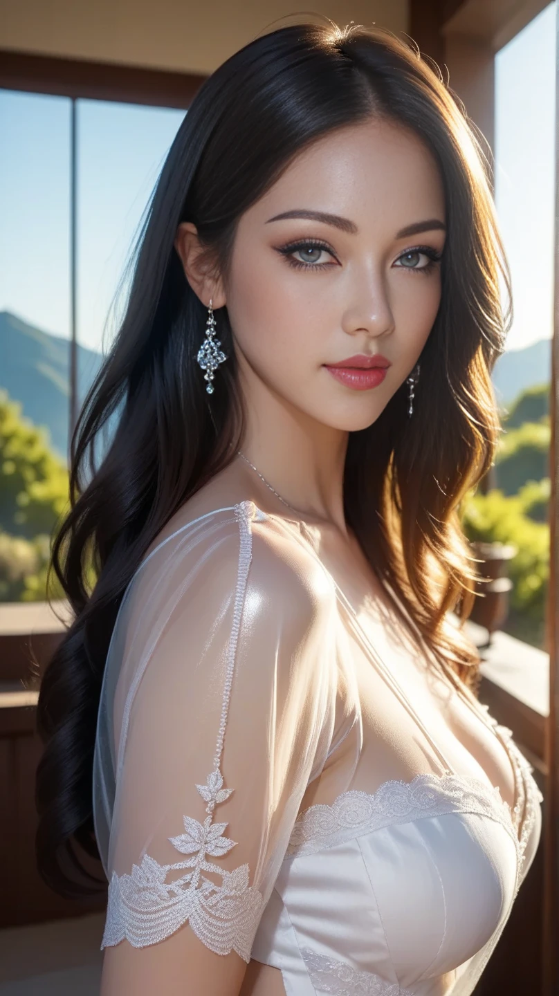 (masterpiece, high quality, best quality:1.3), extremely detailed, realistic, (hyperrealistic:1.2), fine texture, Extremely high-resolution details, (beautiful:1.2), (white skin), young 25 years old, green eyes, (monolid eyes, arched eyebrows, eyelash, eye contour, eyeshadow:1.2), (thin lips, pink lipstick), (makeup), 157cm tall, (wavy hair), (long hair, black hair:1.4), (everything Detailed), <lora:add_detail:0.8>, upper body, (perfect face, perfect eyes, perfect lips, perfect hair), (Closed mouth:1.5), (detailed lips, detailed eyes, detailed hair, detailed face), natural lighting,