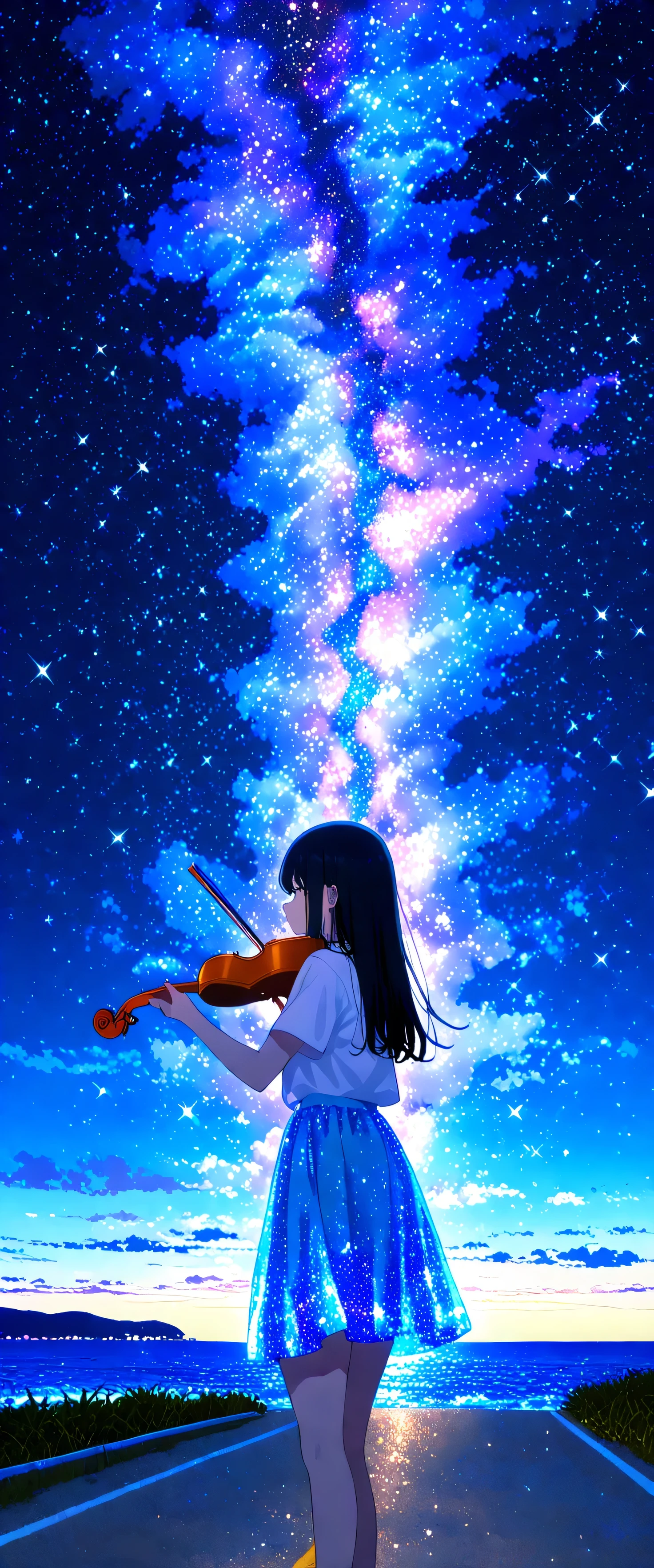 large size painting,(beautiful girl: 1.3),1girl,masterpiece, Highest quality, Ultra-high resolution,rich contrast,super high quality,8k,Highly detailed CG unit wallpaper,texture,Incredibly absurd,Ultra-high resolution,RAW Photos,high school girl,(As Born:1.3),short sleeve,long hair,Black hair,night,Moonlit Ocean,Horizon,xss,seaside road,Glitter effect,0__11Xx_illu,(Gazing at the Milky Way:1.3),(Drawing a violin bow:1.3),