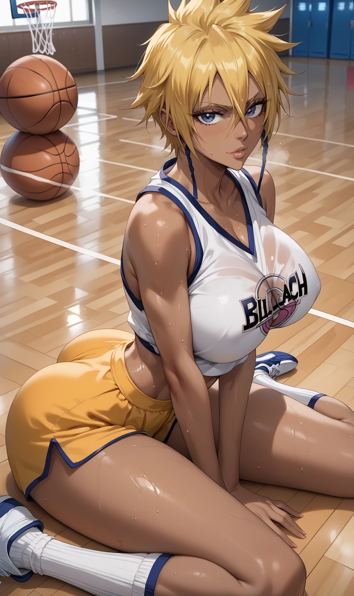 1 female, Tia harribel (Bleach) , dark skinned female , yellow haired female , short hair , big ass , big breasts , basketball outfit , sitting on the floor , looking at viewer , sweating , gymnasium background