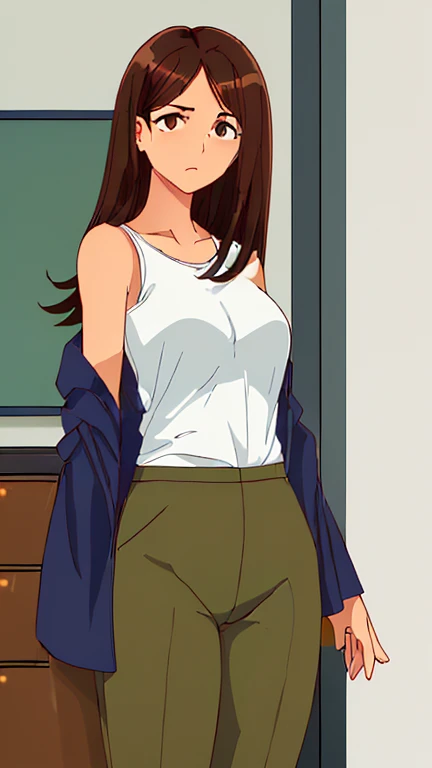 ((Full body photo, standing, on the floor)) KittyPryde_Dress_ownwaifu, 1girl, brown hair, ponytail, necklace, jewelry, blue eyes,  lipstick,long sleeves, lips, long hair, medium breasts, blush, hair bun, scrunchie, makeup, red lips, hair ornament, jeans, denim,  shirt, blue pants, navel, capri pants, pink jacket, cardigan,  absurdres, ultra detailed, masterpiece, best quality, aesthetic, detailed,