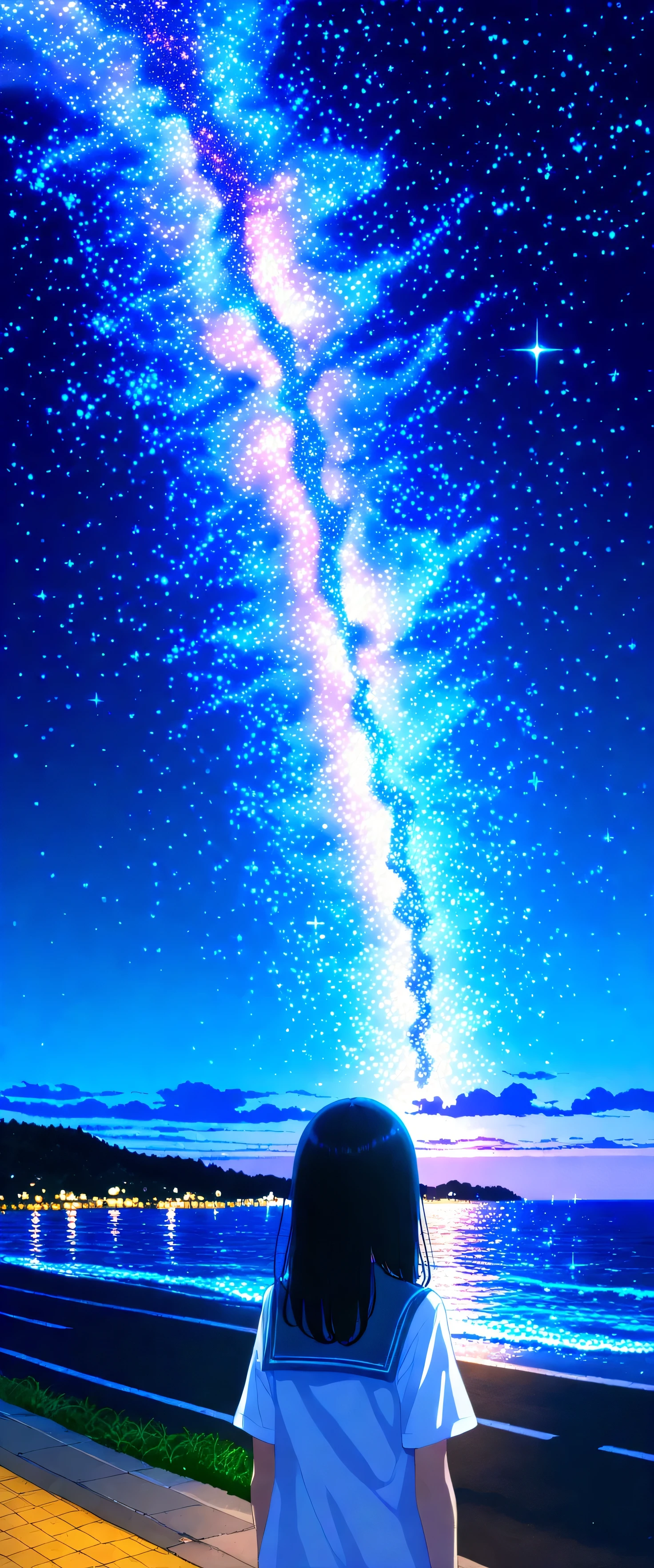 large size painting,(beautiful girl: 1.3),1girl,masterpiece, Highest quality, Ultra-high resolution,rich contrast,super high quality,8k,Highly detailed CG unit wallpaper,texture,Incredibly absurd,Ultra-high resolution,RAW Photos,high school girl,(As Born:1.3),short sleeve,long hair,Black hair,night,Moonlit Ocean,Horizon,xss,seaside road,Glitter effect,0__11Xx_illu,(Gazing at the Milky Way:1.3),