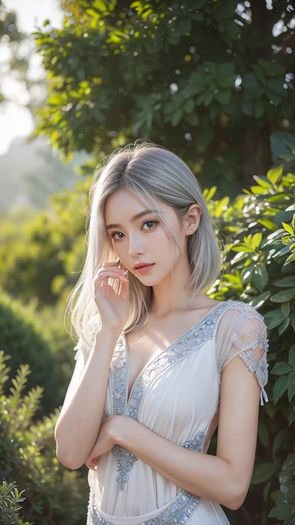 (((Very elegant and beautiful)))、whole body、The most detailed girl、Thin legs、One Girl、30 years old、Spiked Hair、Gray and silver hair、Beautiful and detailed hair、smile、Pale skin、Earrings、Beautiful and gorgeous necklace、(((Trendy hairstyles)))、Facing forward、((((whole bodyを見せる))))、(((nude)))、((((She is wearing a white silk cloth that shows her bare skin.))))