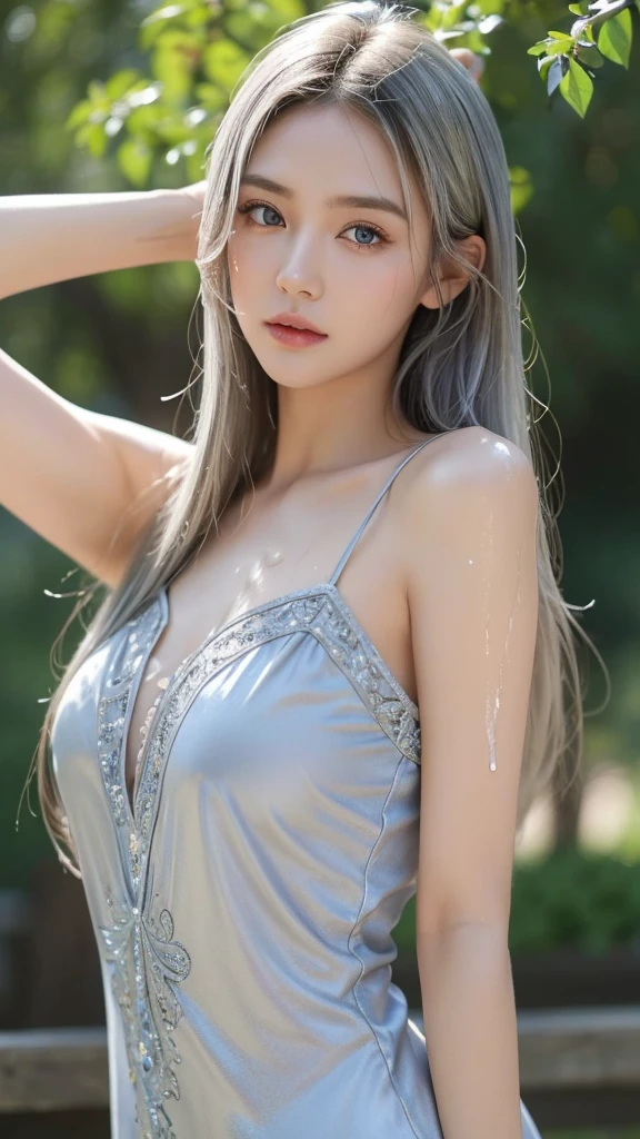 1girl,long wavy hair,big breasts,eyes open,looking at viewer,ultra realistic,highly detailed,photorealistic,4k,8k,masterpiece,vivid colors,natural lighting,soft lighting,warm color palette, shinny silver dress 
