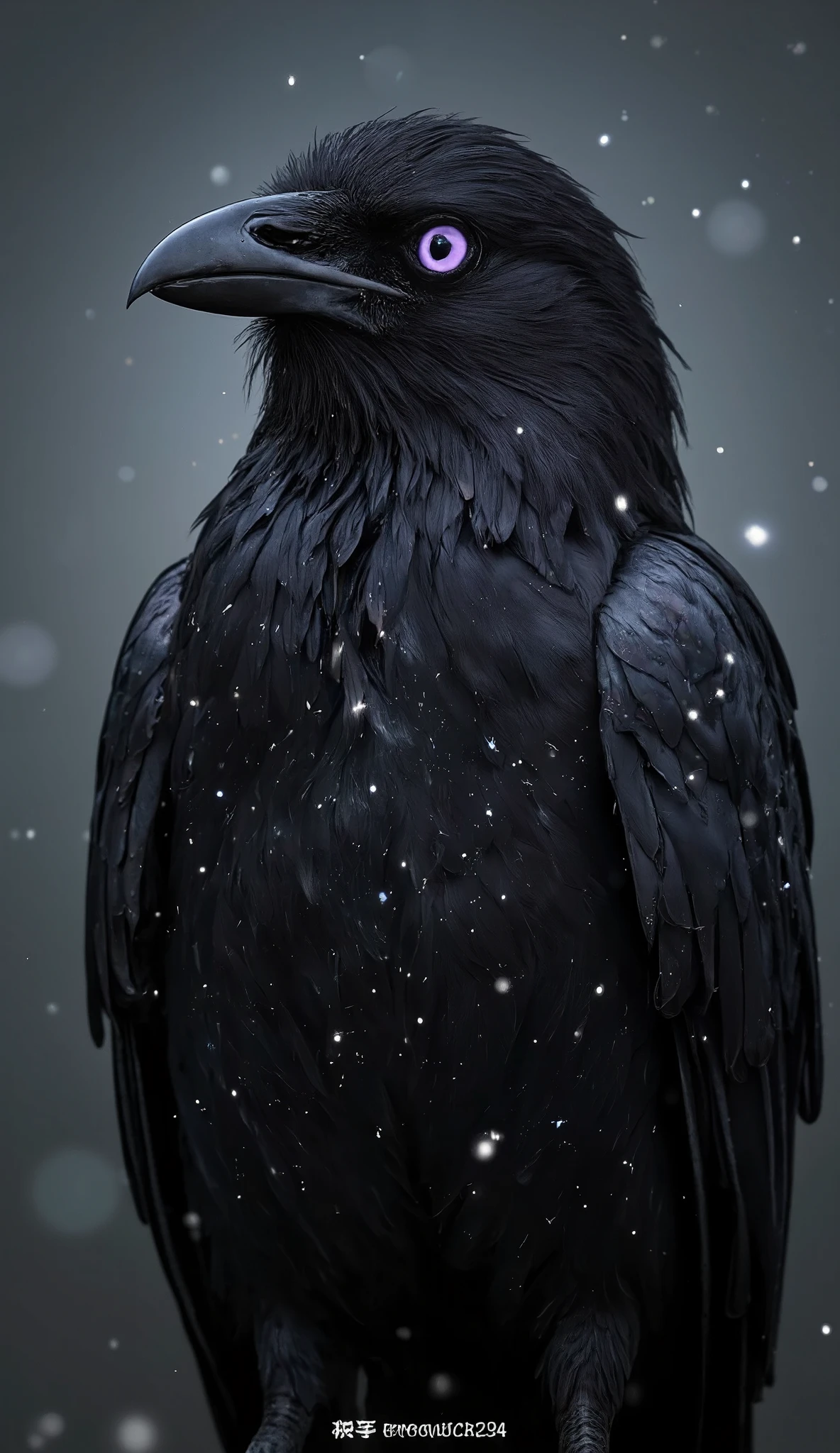 Create a black-feathered raven with some sparkle on its feathers, violet eyes, ultra-realistic and detailed