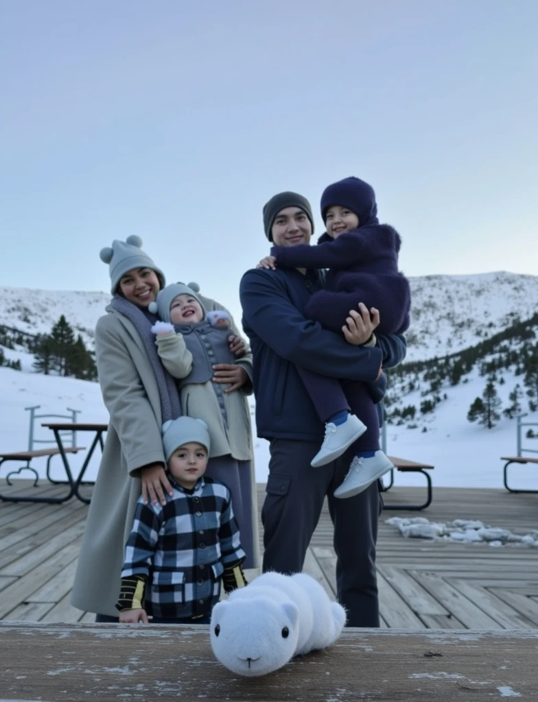 Ayslinn Derbez is 25 years old and Lothar matthäus is 35 years old, she have long hair, they are in Oslo, they are wearing winter clothes, romantic, they are posing romantic, nigh, they are woth their little daughter