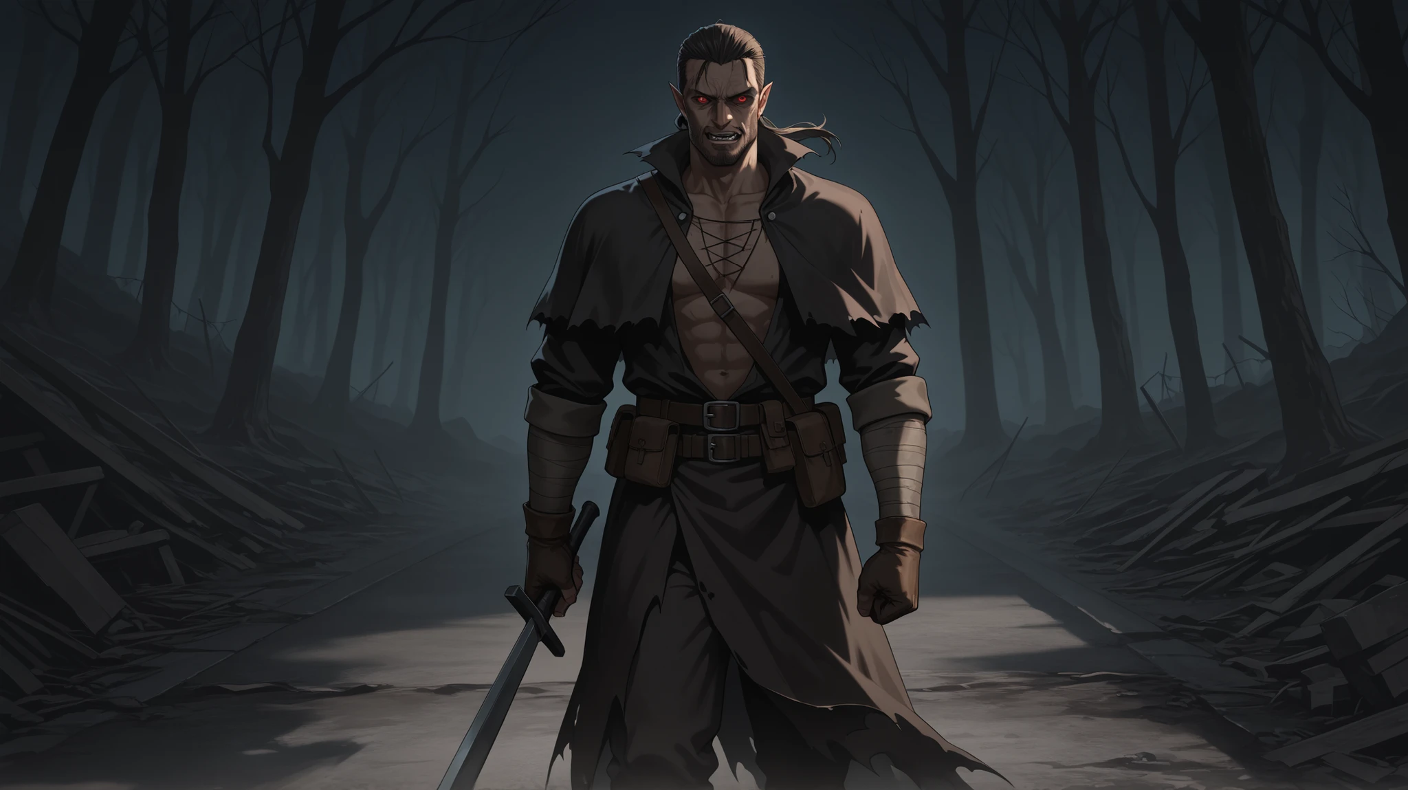 man vampire of darkness at abandoned road dark horror design anime