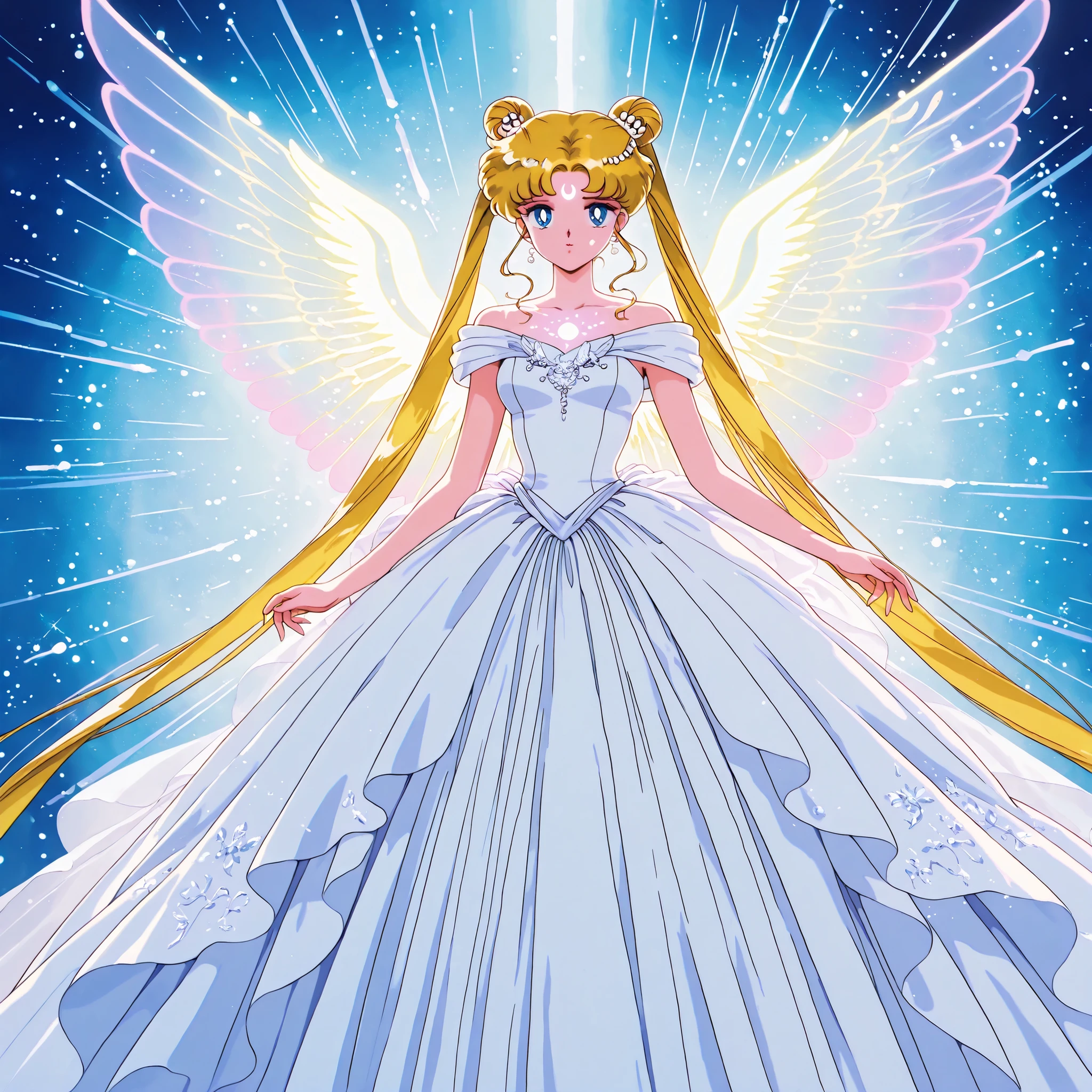 Ethereal throne of the angelic king, French Rococo-inspired concept art, game CG character, 1 queen wearing a mermaid-tail wedding dress, with enormous, symmetrical, glowing wings, curved lines highlighting her facial features and body contours, usagi tsukino, blonde hair, blue eyes, double bun, hair bun, long hair, twintails, parted bangs, exquisite, delicate face, porcelain skin, soft, luminous lines. Masterpiece, ultimate quality. Central glow, breathtaking details, crisp particles, intricate details, highly detailed, professional, ultra-high definition, 16K, hyper-realistic, airy, multi-dimensional lighting, ((90's style, official art)), very aesthetic, enormous depth of field