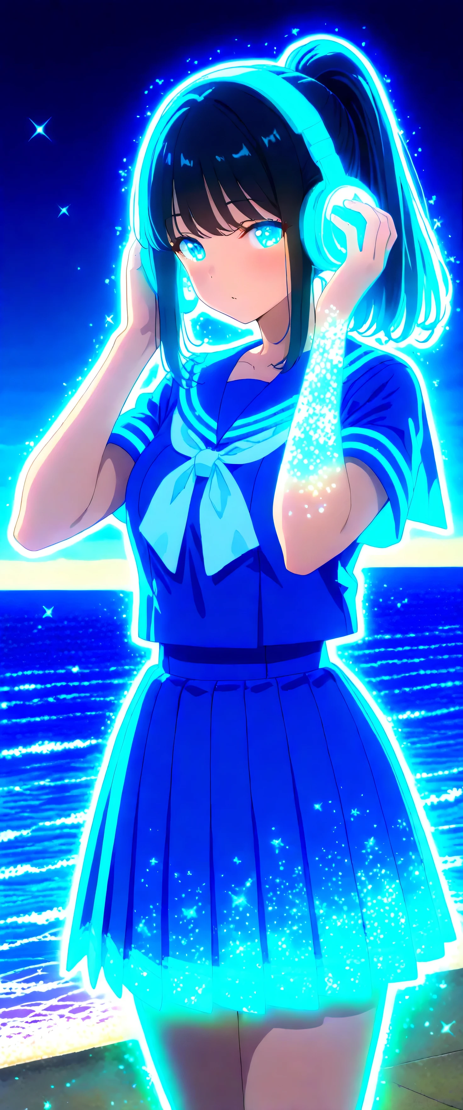(beautiful girl: 1.3),1girl,masterpiece, Highest quality, Ultra-high resolution,rich contrast,super high quality,8k,Highly detailed CG unit wallpaper,texture,Incredibly absurd,Ultra-high resolution,RAW Photos,high school girl,(Blue and white sailor suit and pleated skirt:1.3),short sleeve,ponytail,Black hair,night,Moonlit Ocean,Horizon,xss,Glitter effect,0__11Xx_illu,((colorful)),(glowing outline:1.3),(Putting on headphones:1.3)