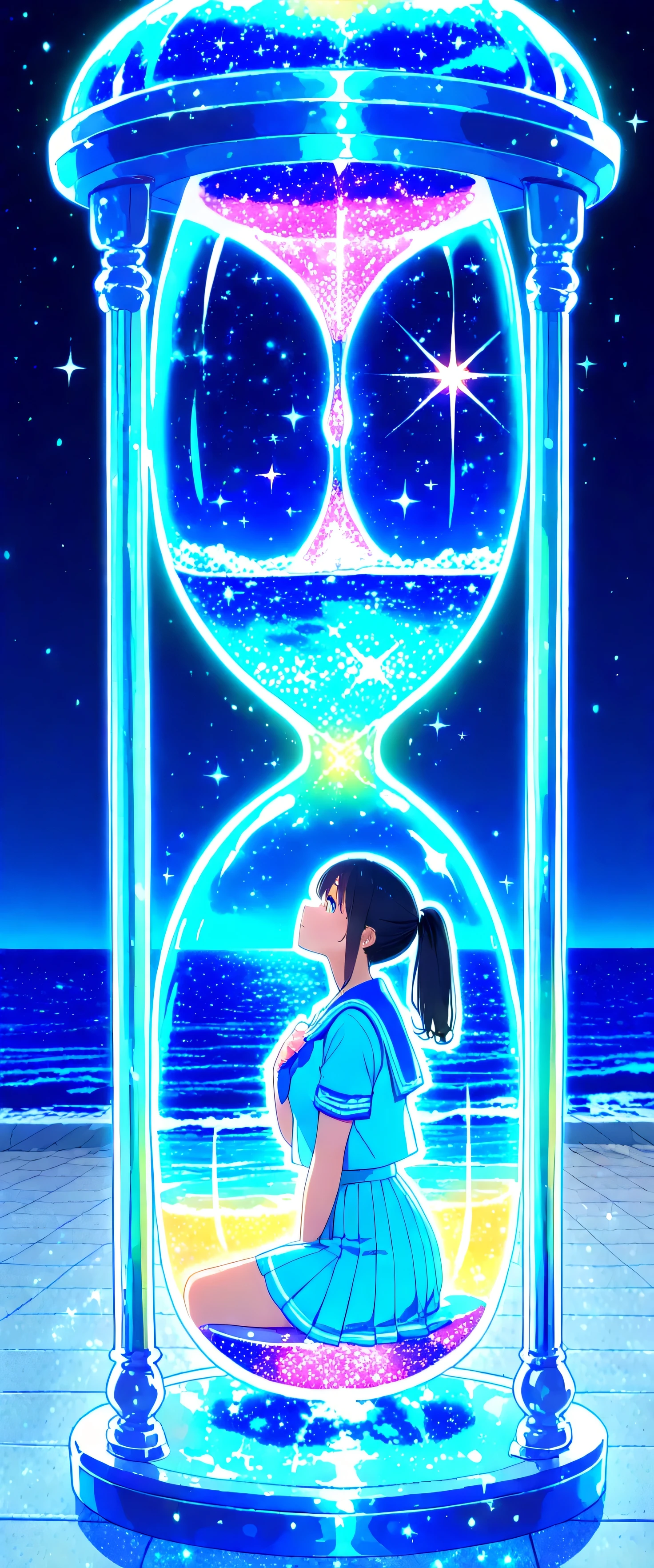 (beautiful girl: 1.3),1girl,masterpiece, Highest quality, Ultra-high resolution,rich contrast,super high quality,8k,Highly detailed CG unit wallpaper,texture,Incredibly absurd,Ultra-high resolution,RAW Photos,high school girl,(Blue and white sailor suit and pleated skirt:1.3),short sleeve,ponytail,Black hair,night,Moonlit Ocean,Horizon,xss,Glitter effect,0__11Xx_illu,Sitting in a big hourglass,((colorful)),(glowing outline:1.3),look up