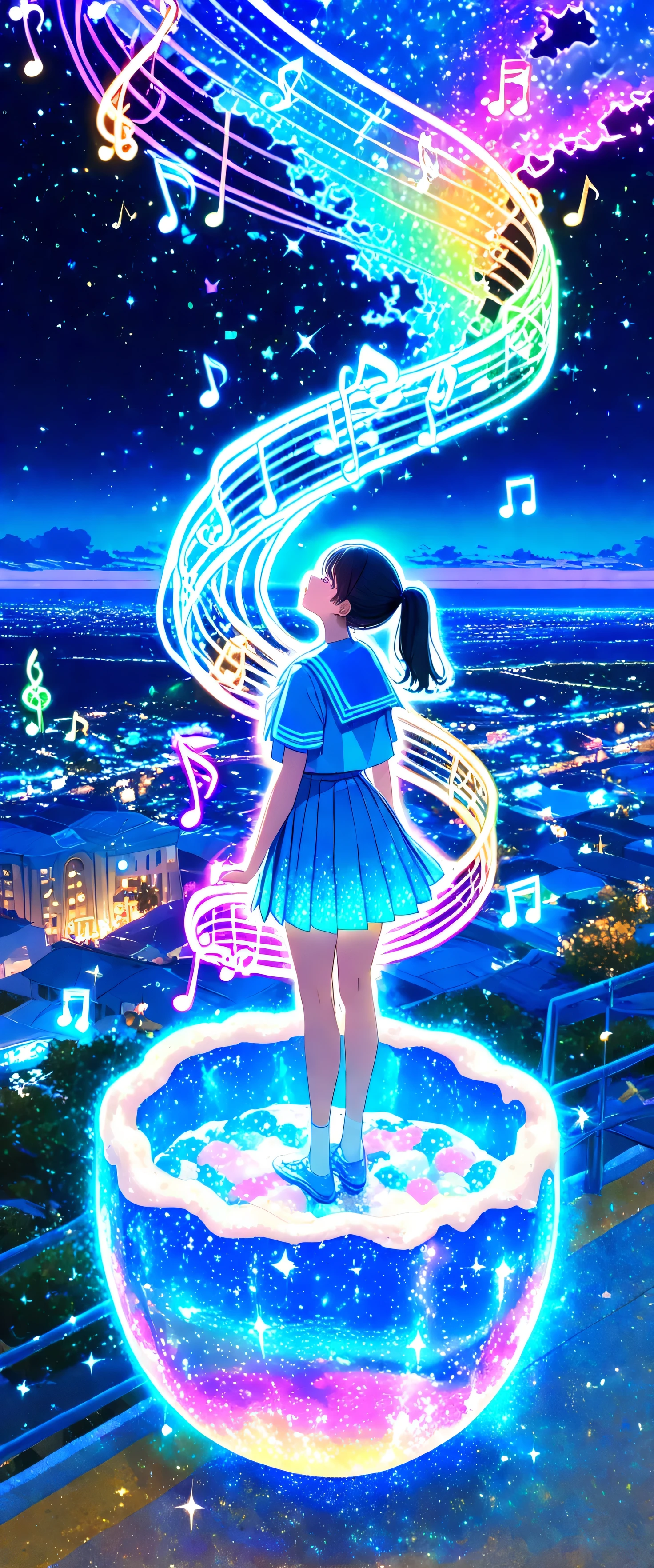 (beautiful girl: 1.3),1girl,masterpiece, Highest quality, Ultra-high resolution,rich contrast,super high quality,8k,Highly detailed CG unit wallpaper,texture,Incredibly absurd,Ultra-high resolution,RAW Photos,high school girl,(Blue and white sailor suit and pleated skirt:1.3),short sleeve,ponytail,Black hair,She is standing by her bike and looking out at the sea,night,Moonlit Ocean,Horizon,xss,seaside road,Glitter effect,0__11Xx_illu,Sitting on a big heart-shaped soap bubble,((colorful)),(((Flying Music Note))),(glowing outline:1.3),overlooking,(magnificent panorama view:1.3),look up