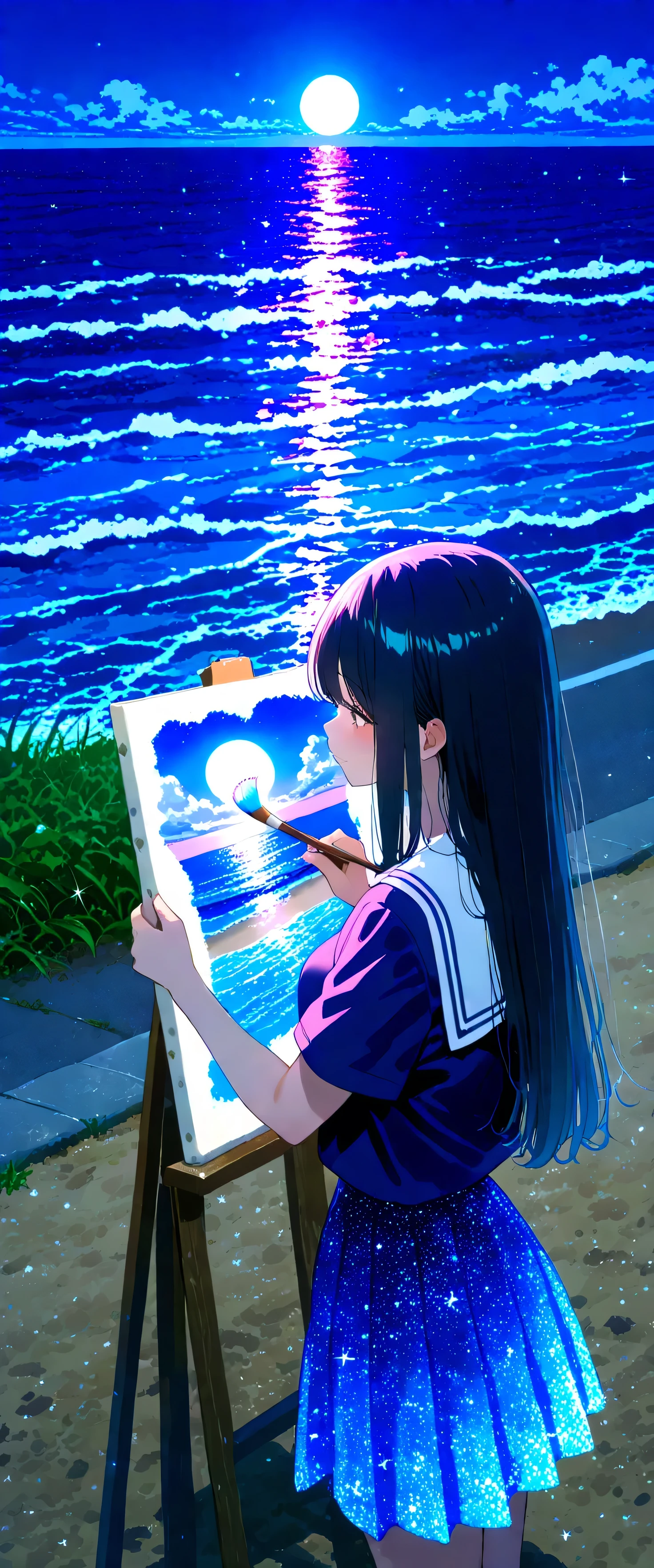large size painting,(beautiful girl: 1.3),1girl,masterpiece, Highest quality, Ultra-high resolution,rich contrast,super high quality,8k,Highly detailed CG unit wallpaper,texture,Incredibly absurd,Ultra-high resolution,RAW Photos,high school girl,(As Born:1.3),short sleeve,long hair,Black hair,night,Moonlit Ocean,Horizon,xss,seaside road,Glitter effect,0__11Xx_illu,(seascape painting on canvas:1.3),(Holding the brush used for drawing),(from side:1.3)