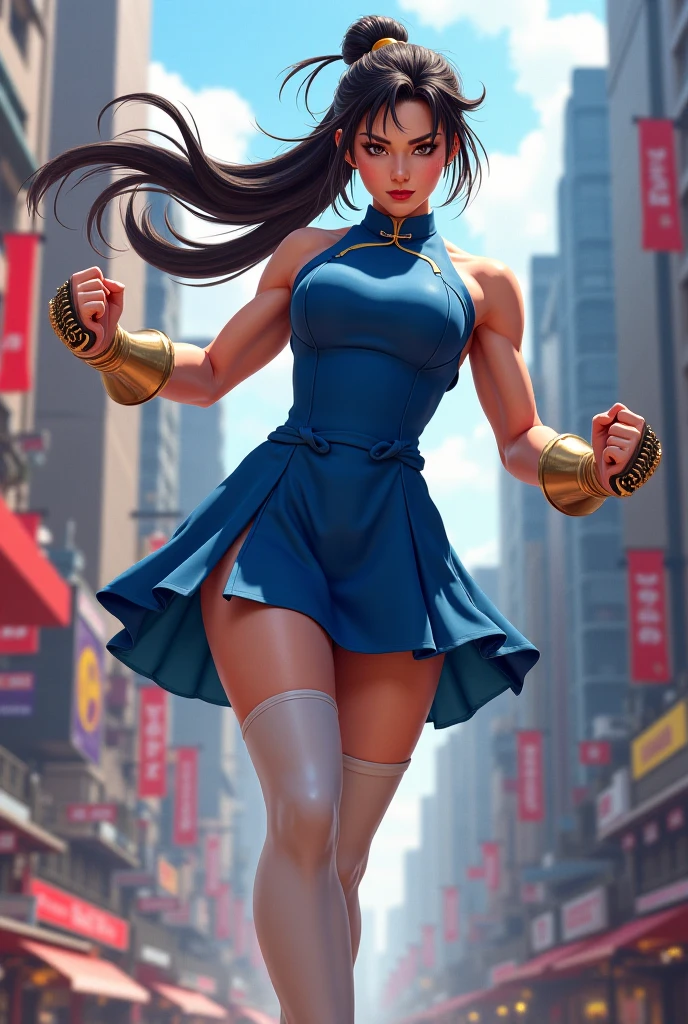 	•	Head:
	•	Dark brown hair styled in two buns on either side of the head, each secured with white ribbons tied into bows.
	•	Light skin tone with a focused, determined expression.
	•	Dark brown eyes with an intense gaze.
	•	Minimal makeup, emphasizing a natural and combat-ready look.
	•	Upper Body:
	•	Wearing a traditional Chinese qipao dress in a deep blue color with yellow trim.
	•	The dress has short, puffed sleeves with yellow accents and a high collar, typical of the qipao style.
	•	The bodice of the dress fits snugly, highlighting the character’s athletic and muscular build.
	•	Black spiked bracelets on both wrists, adding a fierce and combative element to the outfit.
	•	Lower Body:
	•	The qipao dress is slit on both sides, allowing for high mobility and revealing the character’s muscular legs.
	•	The character is wearing tight, red leggings that further emphasize the strength and tone of the legs.
	•	The leggings complement the overall color scheme, contrasting with the blue dress and white accessories.
	•	Feet:
	•	Wearing white, calf-high boots with laces running up the front and a slight heel.
	•	The boots are sturdy and functional, designed to support the character’s dynamic movements in combat.
	•	Pose:
	•	The character is in a combat-ready stance, with arms raised and legs slightly bent, prepared for action.
	•	The stance is wide and balanced, reflecting the character’s martial arts expertise and readiness for battle.
	•	Overall Appearance:
	•	The character exudes strength, agility, and confidence, embodying the spirit of a skilled martial artist.
	•	The combination of the traditional qipao dress with the combat-ready accessories like spiked bracelets and sturdy boots creates a blend of elegance and power.
	•	The character’s athletic build and focused expression suggest a fighter who is both graceful and formidable in combat.

One girl, solo, Large Breasts, Simple Background, 