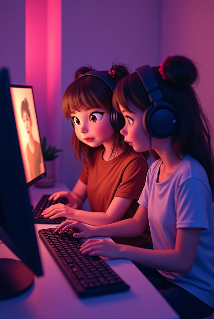 A group of little sisters playing games in an internet café