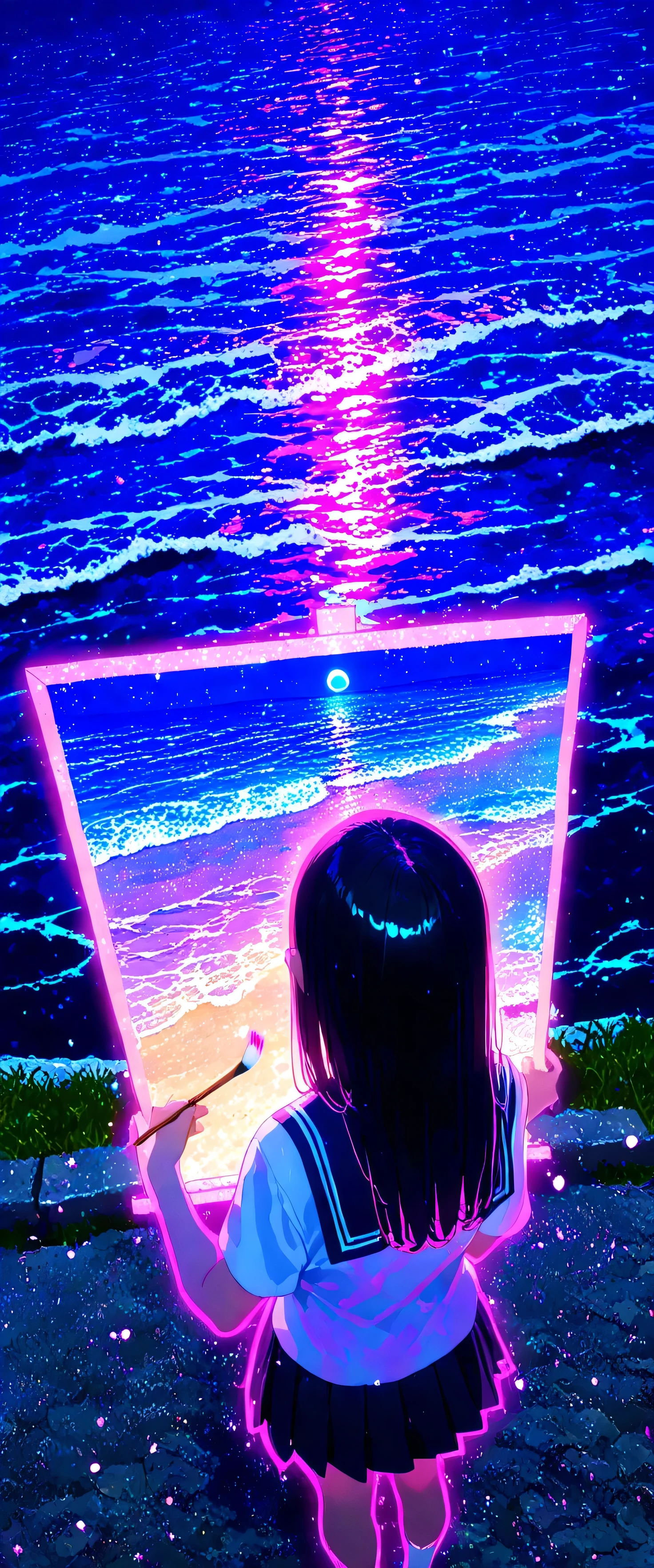 large size painting,(beautiful girl: 1.3),1girl,masterpiece, Highest quality, Ultra-high resolution,rich contrast,super high quality,8k,Highly detailed CG unit wallpaper,texture,Incredibly absurd,Ultra-high resolution,RAW Photos,high school girl,(As Born:1.3),short sleeve,long hair,Black hair,night,Moonlit Ocean,Horizon,xss,seaside road,Glitter effect,0__11Xx_illu,(glowing pink outline:1.3),(seascape painting on canvas:1.3),(Holding the brush used for drawing),(from above:1.3)