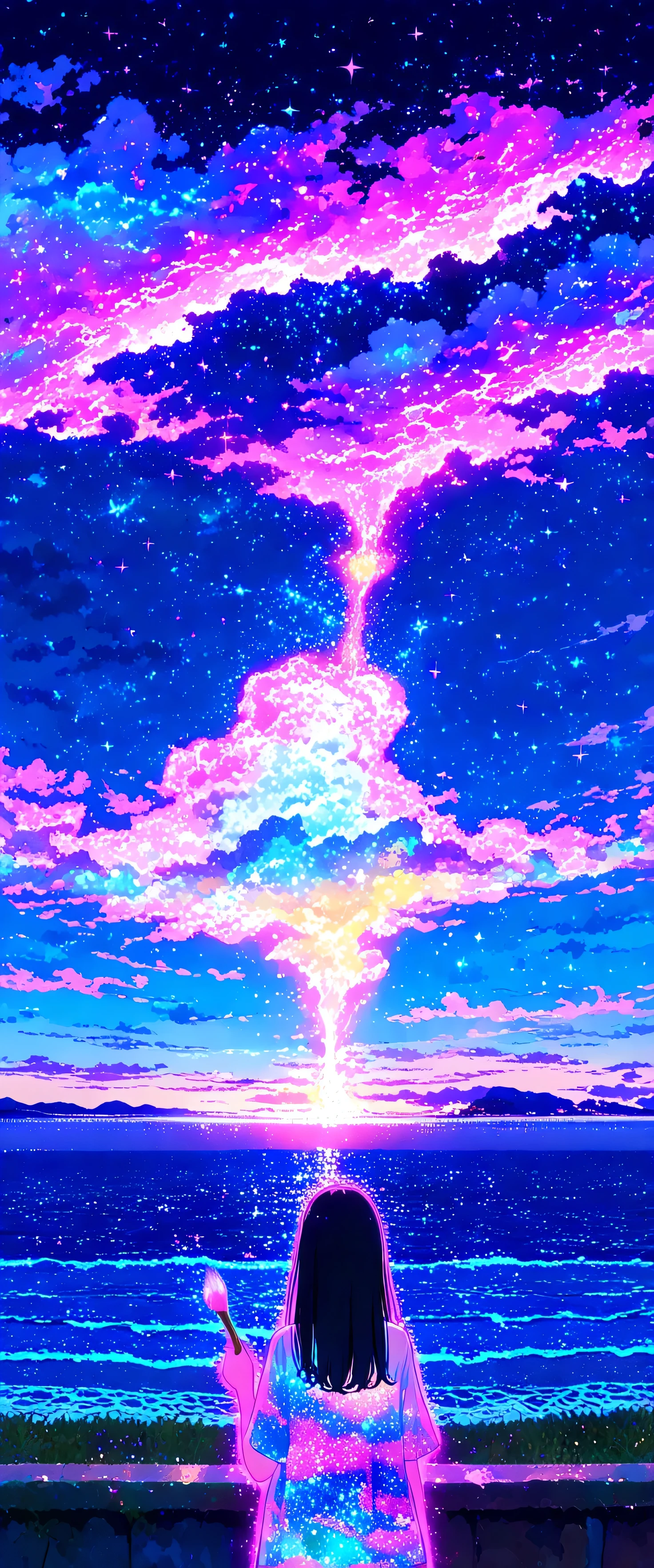 large size painting,(beautiful girl: 1.3),1girl,masterpiece, Highest quality, Ultra-high resolution,rich contrast,super high quality,8k,Highly detailed CG unit wallpaper,texture,Incredibly absurd,Ultra-high resolution,RAW Photos,high school girl,(As Born:1.3),short sleeve,long hair,Black hair,night,Moonlit Ocean,Horizon,xss,seaside road,Glitter effect,0__11Xx_illu,(glowing pink outline:1.3),(seascape painting on canvas:1.3),(Holding the brush used for drawing),(from below:1.3)