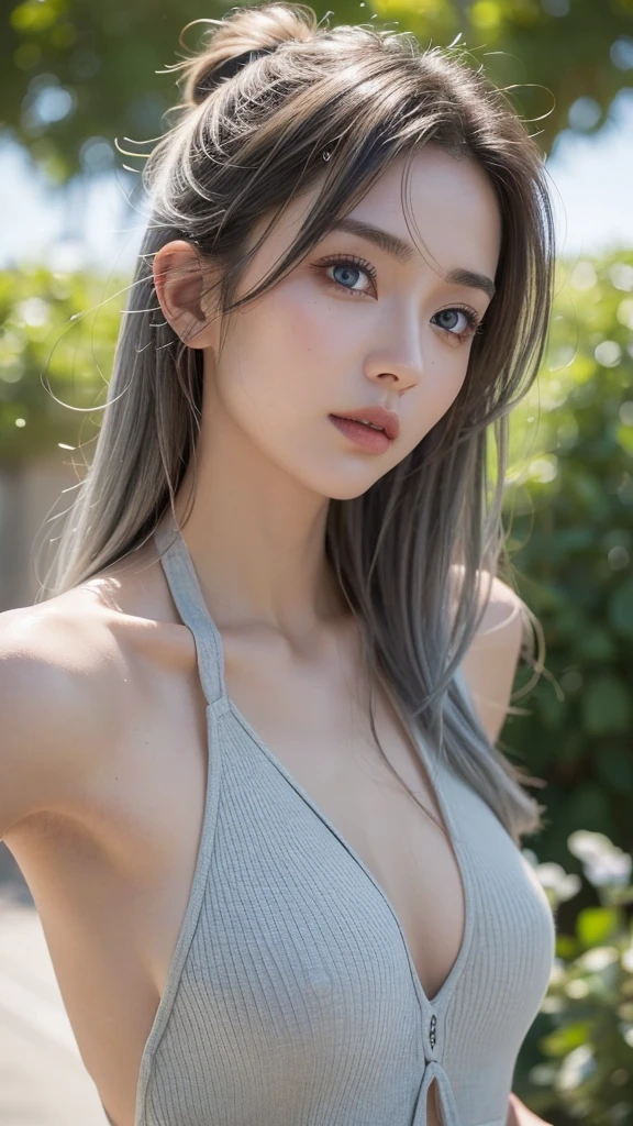 highest quality, masterpiece, Ultra-high resolution, (Realistic:1.4), RAW Photos, 19 years old, Simple gray background, ((Micro Bikini、Upper Body、Lean forward、Hair disheveled)), Looking at the audience