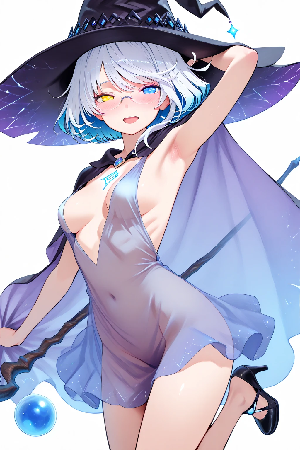 眼下に深夜の東京の夜景を一望できる高層ビルの屋上でMasturbationをするMasturbationしているnakedの少女、She has a short bob with a white lob of hair and wears a large black witch hat with sapphire jewelry.、A few star creams、Beautiful starry sky、Beautiful night view、large witch's hat 、Small breasts、Small breasts、全naked、naked、Masturbation、Masturbation、She has pubic hair、She has hair between her legs. She is seducing me with her legs spread in an M-shape.、She has climaxed and has her eyes closed、Climax face、A face with an open mouth