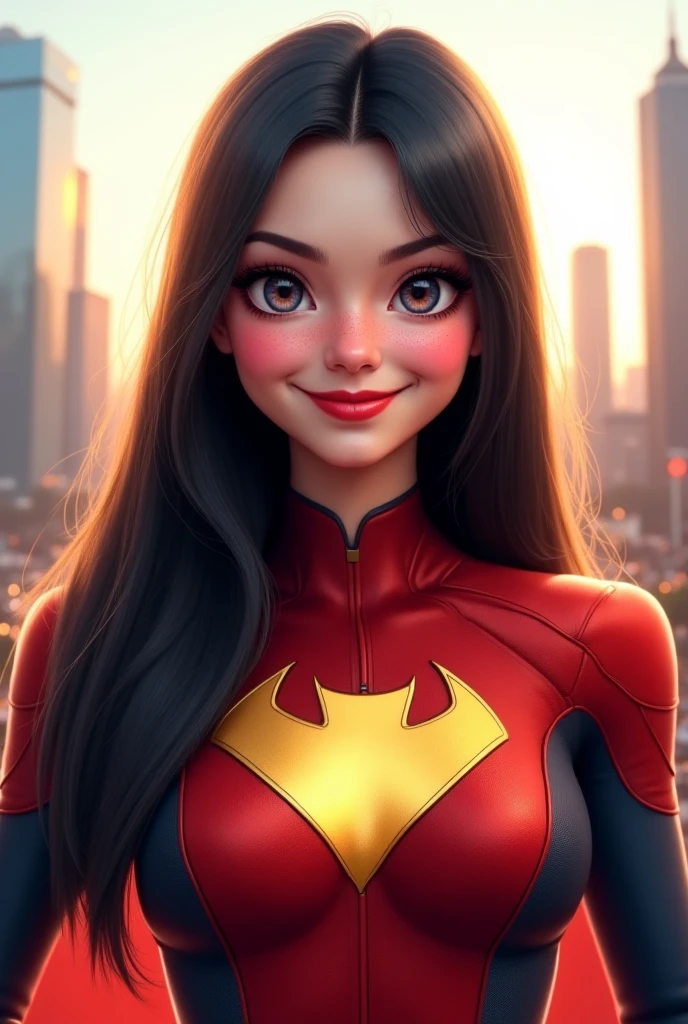 A beautiful smiling superheroine in Brazil, with a large butt, a well-toned body, and breasts almost visible, detailed face, intricate costume, complex background, dynamic pose, colorful vibrant atmosphere, cinematic lighting, highly detailed, 4k, hyper realistic, octane render, 8k, masterpiece