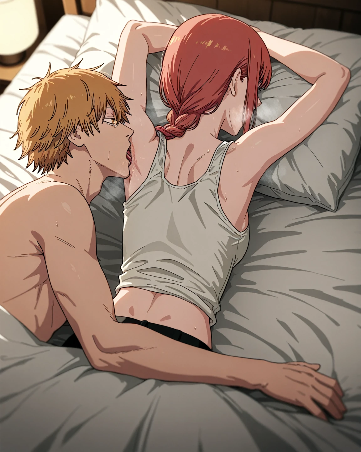 score_9, score_8_up, score_7_up, rating_explicit, source_anime, 2boys, couple boys, naked, Lying in bed, green eyes, orange hair, Freckles, navel, brown hair, blue eyes, kissing each other, wet