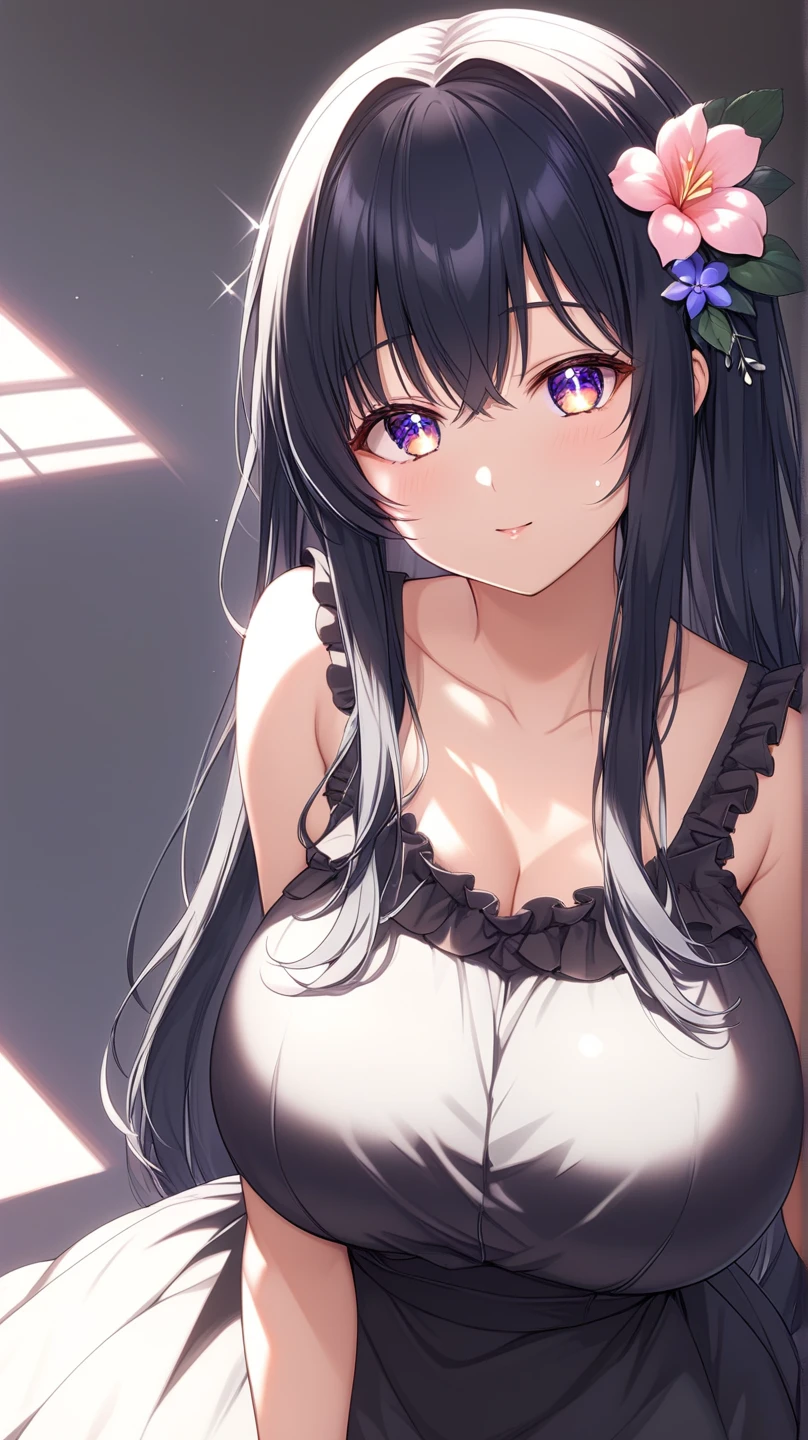 (A superb exquisite Chitanda Eru), (mature face), intricate details, (finely detailed beautiful eyes: 1.2), purple eyes, long black hair, natural straight hair, straight bangs, solo, [Small_breasts: large_breasts: 0.5], extremely delicate, peerless beautiful girl, dreamy quality, solid color, bright lips, slender waist, straight curves, soft lights and shadows, super fine, 8K HD, (masterpiece:1.4), (((blush, embarassed, soft lips, birthday cake)))