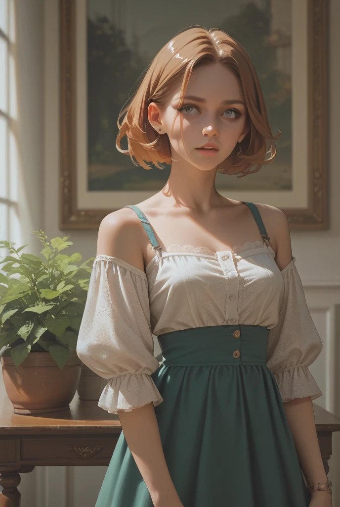 top quality, best quality, High-quality illustrations, masterpiece, super high resolution, detailed background, 1lady 21 years old, Coffee girl, realistic, High quality, coffee, soft light, Natural & Authentic, coffee, short hair, Golden hair, Orchard, fruits, orange, an apple,