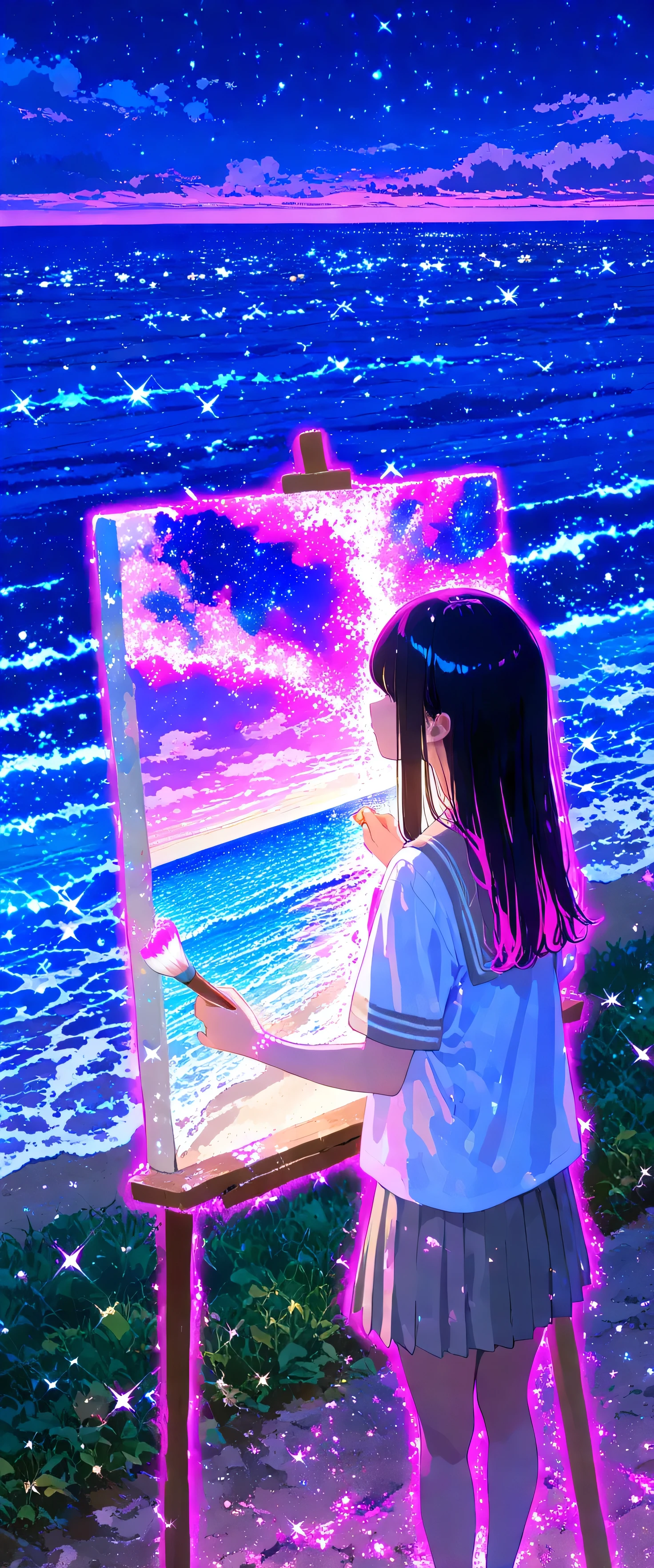 large size painting,(beautiful girl: 1.3),1girl,masterpiece, Highest quality, Ultra-high resolution,rich contrast,super high quality,8k,Highly detailed CG unit wallpaper,texture,Incredibly absurd,Ultra-high resolution,RAW Photos,high school girl,(As Born:1.3),short sleeve,long hair,Black hair,night,Moonlit Ocean,Horizon,xss,seaside road,Glitter effect,0__11Xx_illu,(glowing pink outline:1.3),(seascape painting on canvas:1.3),(Holding the brush used for drawing)