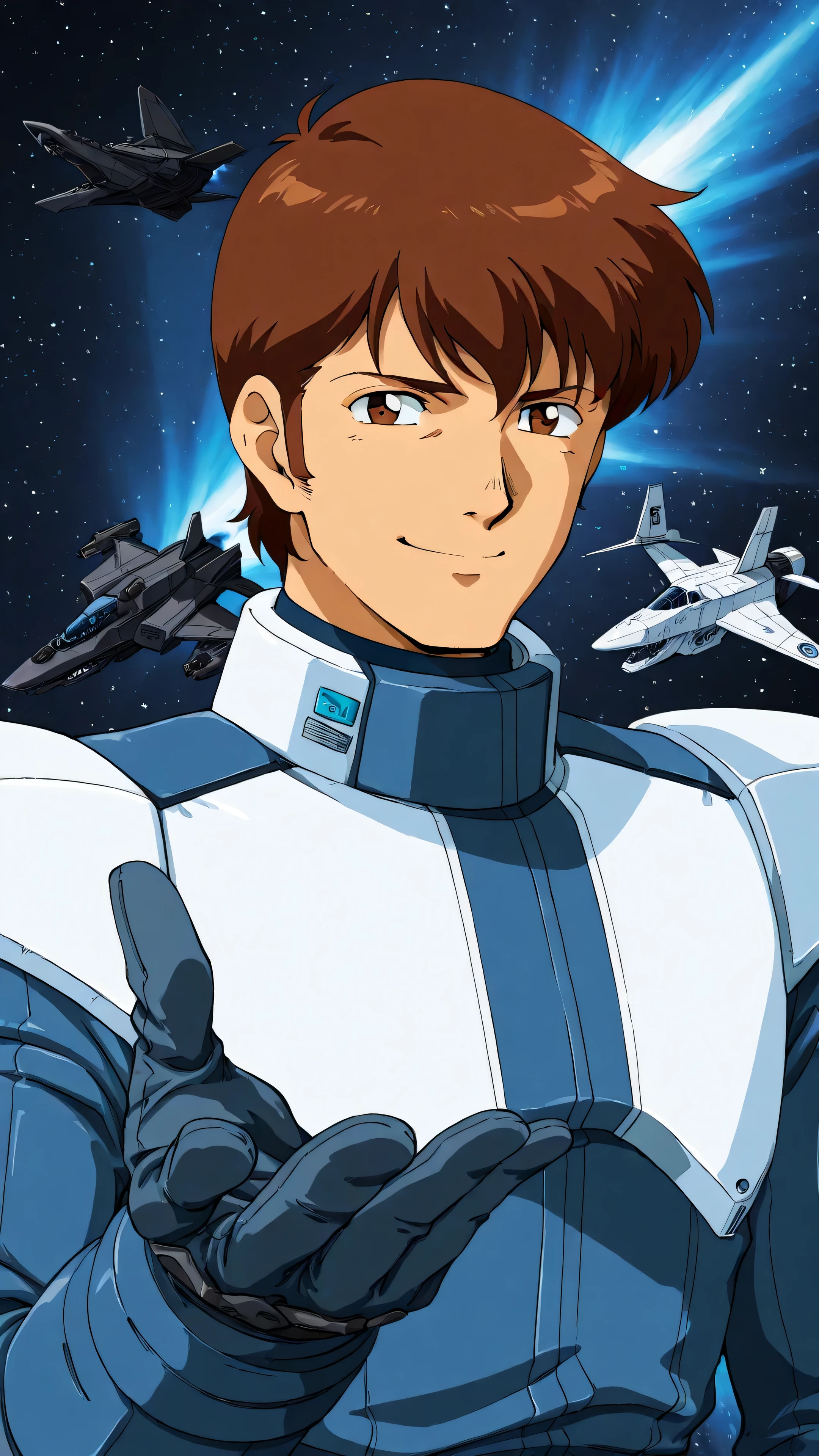 1man，alone，20s， male focus，棕色anime style頭髮，Tall People，Finger Gloves ，White with blue high-tech armor，brown eyes，Upper body，Smile，Space Battleship Background，Astronautical Fighter Pilot，anime style