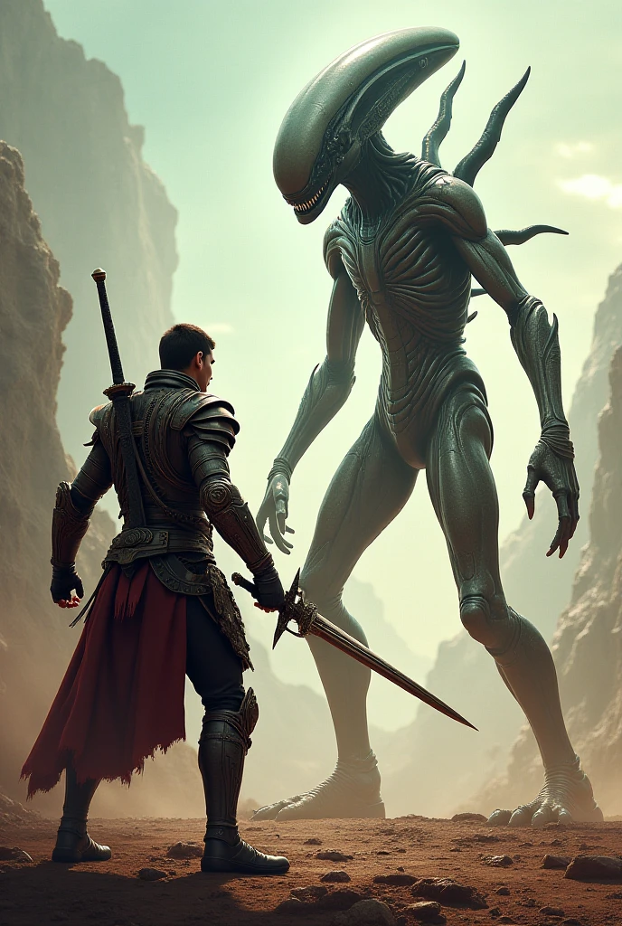 A 4K resolution, highly detailed, matte masterpiece depicting a man standing on a mountain witnessing a giant alien monster. Volumetric lighting and advanced rendering techniques are added to the picture.