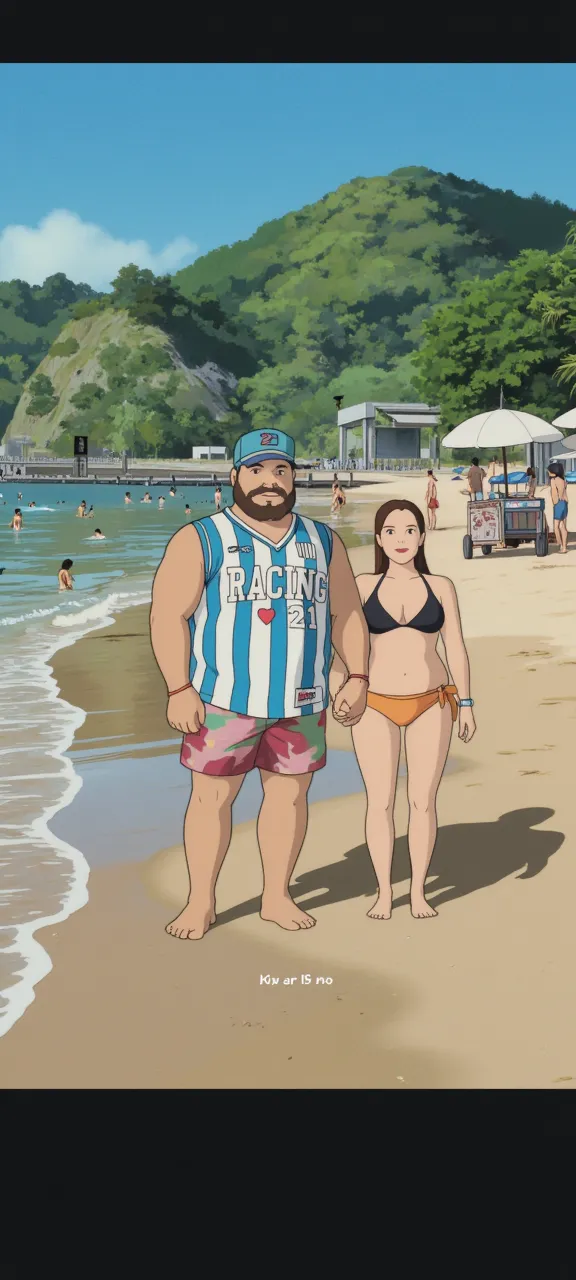 Chubby fat thic bbw white thai mature woman (60 years old), chubby belly, long straight black hair, shaved pussy, naked,, black choker necklace, kissing,walking in the beach with tall male, 4 horny men with hard Big peniswatching, smiley expression, full body picture, beach full of people, view from behind