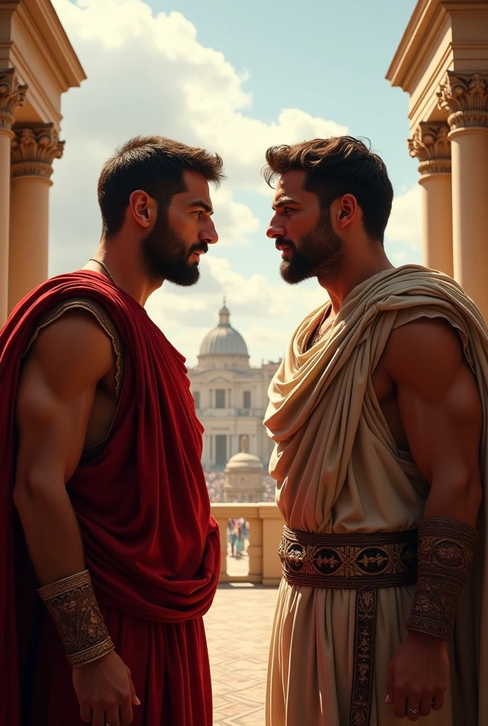 Jeunes romains minets gays qui se regardent amoureusement et qui veulent s'embrasser durant la Rome antique sur le Forum