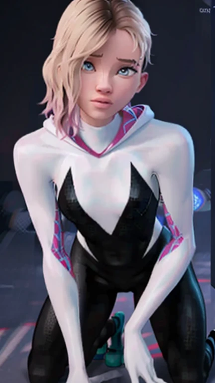 ghost spider, gwen in a black outfit with spider in the center of his chest in white, organic looking outfit, gooey forehead, symbiote, white eyes, fine art, ps5 cinematic screenshot,highly detailed detailed cinematic rendering, ultra photorealistic raytricing, with cinematic lighting
