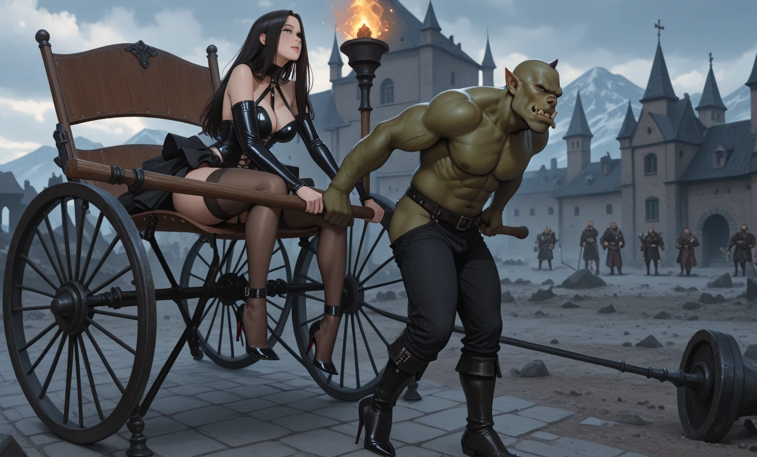 masterpiece, goblinriding, a goblin is riding a Tawny Newsome, (all fours), 1Tawny Newsome, PREGNANT, BIG breasts, (armor:1.1), (nose hook), reins, collar, KofuneMio , black hair, short hair, blue eyes, dark skin, blank eyes, empty eyes, emotionless, expressionless 