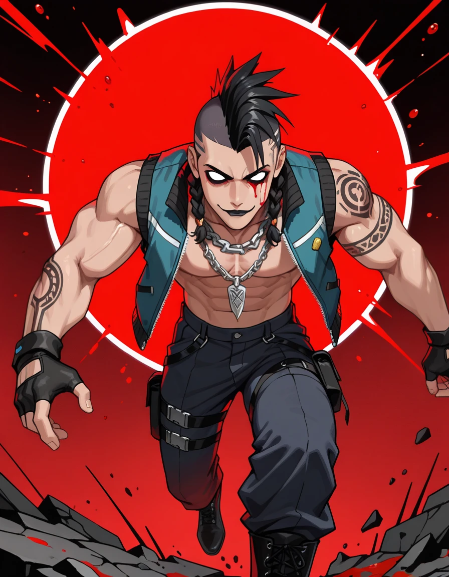 male, sleeveless shirt, baggy pants, black spiky hair, bandanna, arm tattoo, screaming, slender,