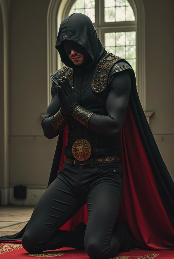 A muscular gay guy wearing a thief mask and a black cape, wearing nothing completely naked, doing a reverse doggy pose showing her round ass, he is on all fours on the floor showing his hot ass and his cock leaking cum and his ass with a lot of cum, and a hand opening her butt showing her ass begging for dick, he is looking back for the image