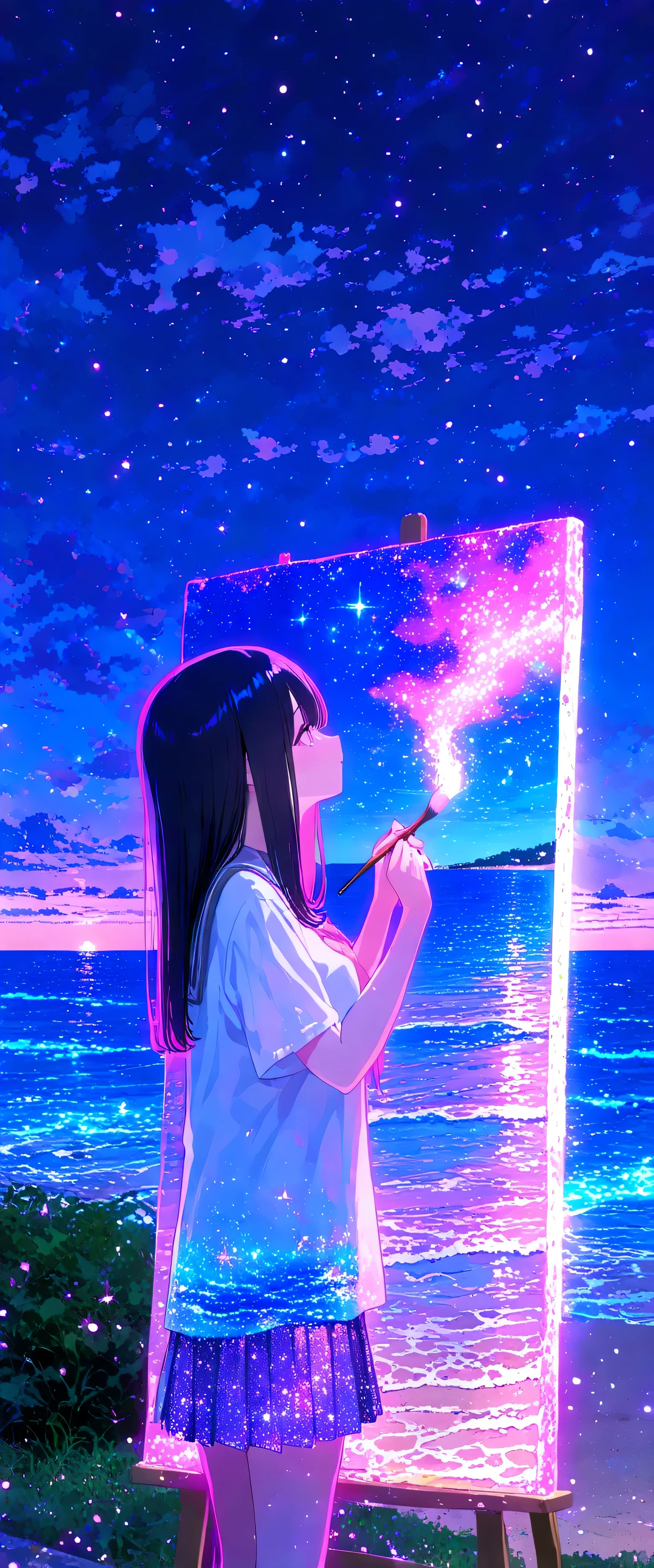 large size painting,(beautiful girl: 1.3),1girl,masterpiece, Highest quality, Ultra-high resolution,rich contrast,super high quality,8k,Highly detailed CG unit wallpaper,texture,Incredibly absurd,Ultra-high resolution,RAW Photos,high school girl,(As Born:1.3),short sleeve,long hair,Black hair,night,Moonlit Ocean,Horizon,xss,seaside road,Glitter effect,0__11Xx_illu,(glowing pink outline:1.3),(seascape painting on canvas:1.3),(Holding the brush used for drawing),(from side:1.3)