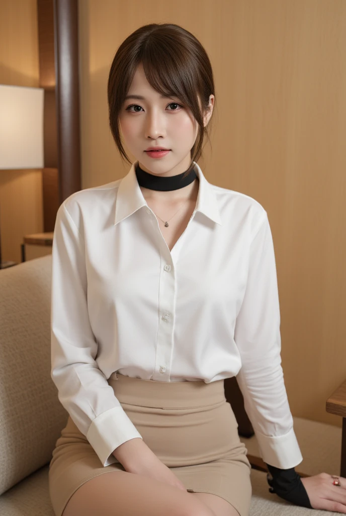 the most beautiful face of a 20 year old actress, dress shirt is worn, female crotch, sitting on the couch, in the living room, nsfw, best quality, highly detailed, masterpiece, ultra high res, photo realistic, 8k, the prettiest japanese woman
