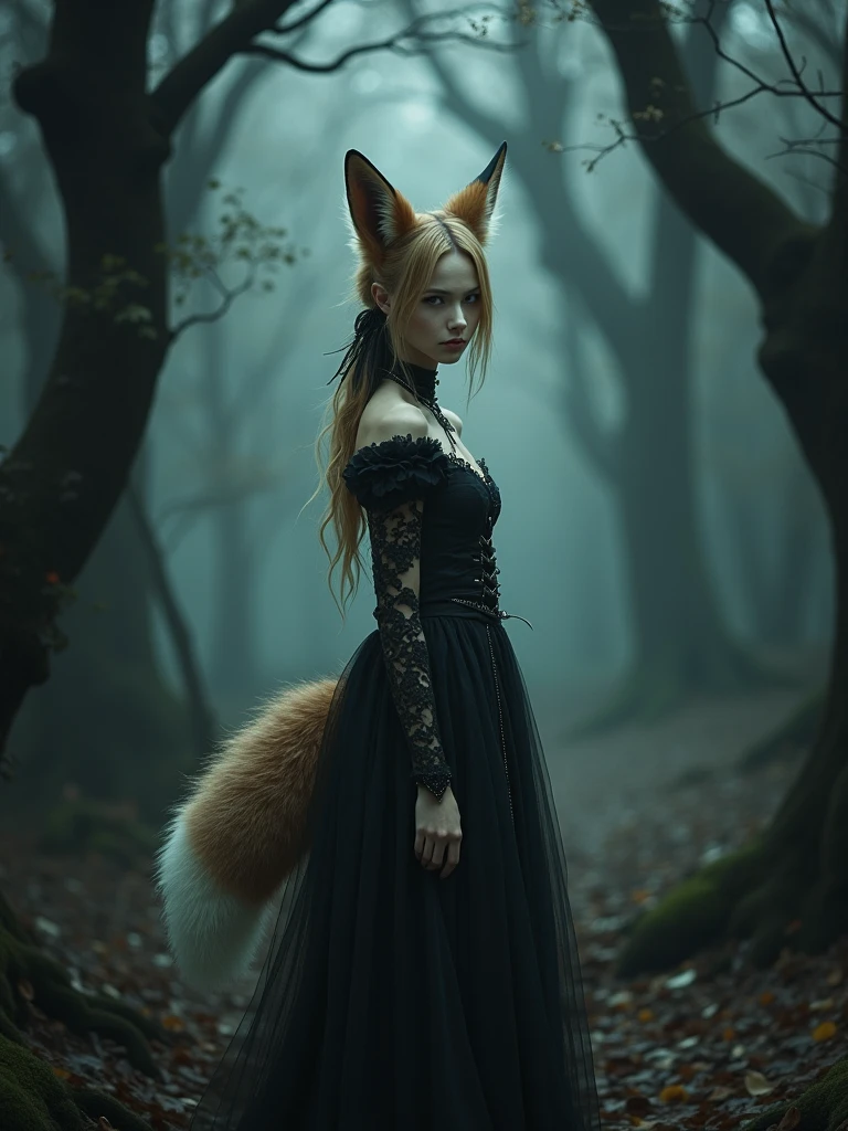 foxy european woman, ginger hair, dark forest, sitting on ground, close-up, intricate, (cats all over the place), high detail background, photolab, gigapixel, complex background, stuff in the background, highly detailed, (gloomy:1.3), dark, dimmed, hdr, vignette, grimy, (slate atmosphere:0.8), by yoshitaka amano