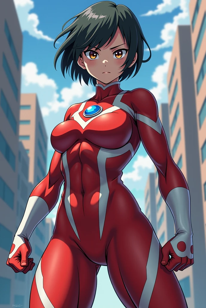(full body shot, masterpiece, best quality, ultra-detailed, immaculate:1.3),
<lora:j1n0ra:0.8>,j1n0ra,blue-arrow forehead tattoo,arrow \(symbol\),brown eyes,short hair,single_bun,solo,female focus,smile,looking at viewer,yellow collar,red bodysuit,grey sleeves,fingerless gloves,red pants,knee boots,standing,hands on hips,latex bodysuit,shiny,tight,
<lora:add_detail:1>,
(temple, shrine),mountains,cloudy,hills,