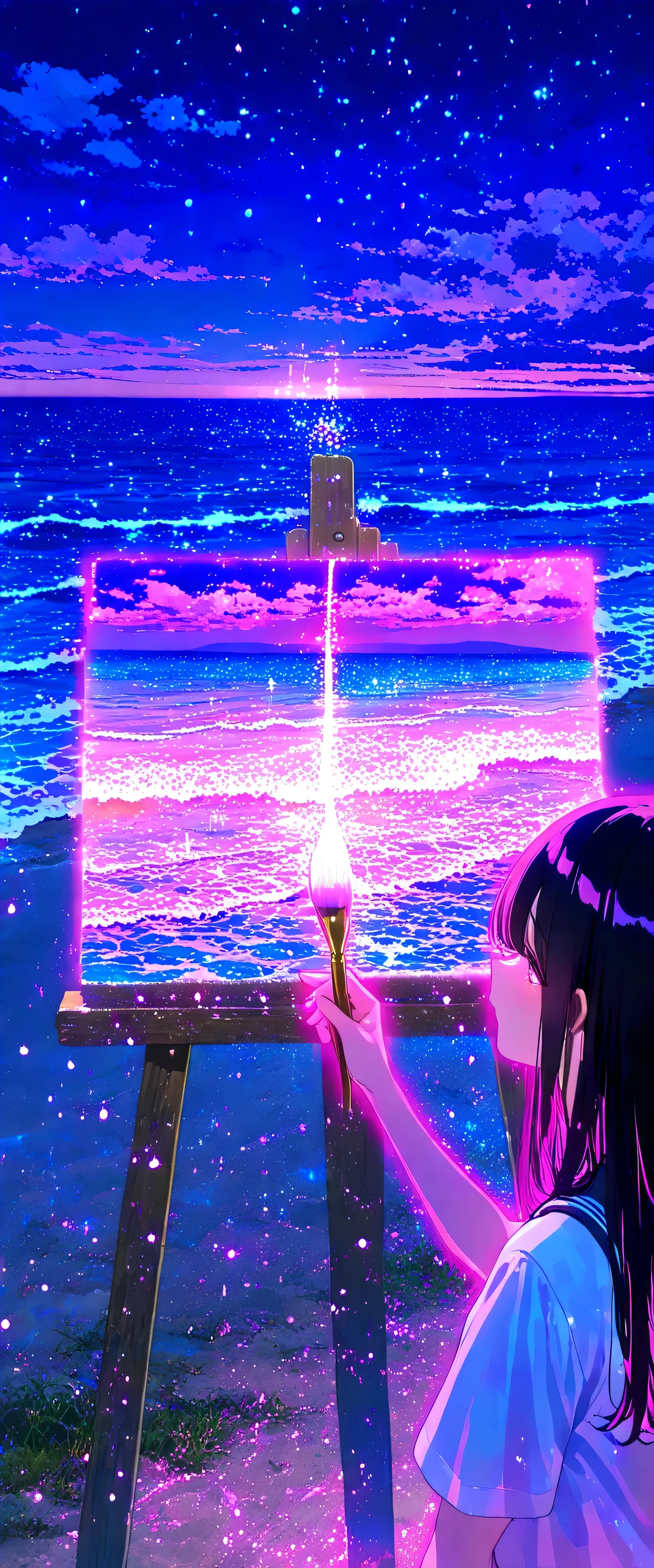 large size painting,(beautiful girl: 1.3),1girl,masterpiece, Highest quality, Ultra-high resolution,rich contrast,super high quality,8k,Highly detailed CG unit wallpaper,texture,Incredibly absurd,Ultra-high resolution,RAW Photos,high school girl,(As Born:1.3),short sleeve,long hair,Black hair,night,Moonlit Ocean,Horizon,xss,seaside road,Glitter effect,0__11Xx_illu,(glowing pink outline:1.3),(seascape painting on canvas:1.3),(Holding the brush used for drawing),(from side:1.3)