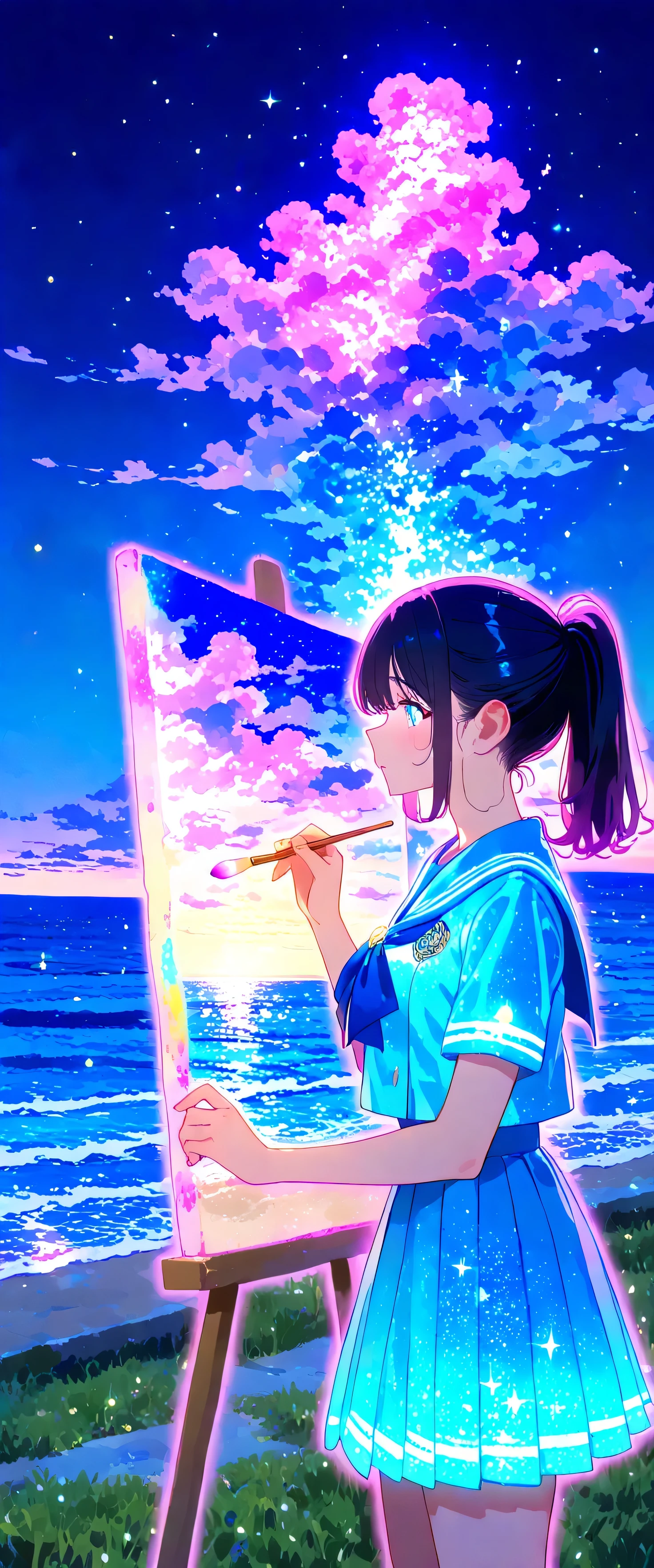 large size painting,(beautiful girl: 1.3),1girl,masterpiece, Highest quality, Ultra-high resolution,rich contrast,super high quality,8k,Highly detailed CG unit wallpaper,texture,Incredibly absurd,Ultra-high resolution,RAW Photos,high school girl,(Blue and white sailor suit and pleated skirt:1.3),short sleeve,ponytail,Black hair,night,Moonlit Ocean,Horizon,xss,seaside road,Glitter effect,0__11Xx_illu,(glowing pink outline:1.3),(seascape painting on canvas:1.3),(Holding the brush used for drawing),(from side:1.3)