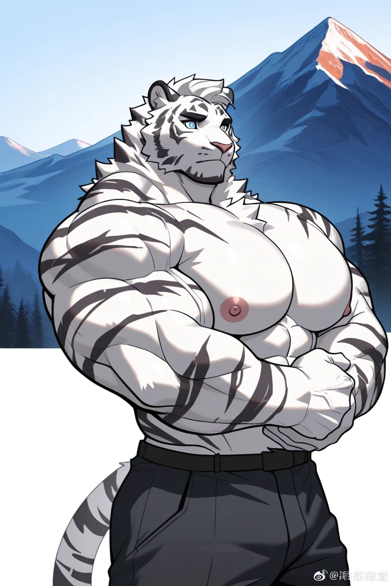 Masterpiece, ultra, detailed fur, detailed eyes, 4k, UHD, Blue hues, blue lighting, soft blue room, 21 years old boy, solo male, anthropomorphic character, furry kemono, (white wolf), ((white fur)), blue eyes, thick fur, muscular, lean body 1.2, pink nipples, serious face, crossed arms, intimate look, manly, dominant, masculine, black nose, tight underwear, black underwear, shirtless, bedroom, ((looking at the camera)), 