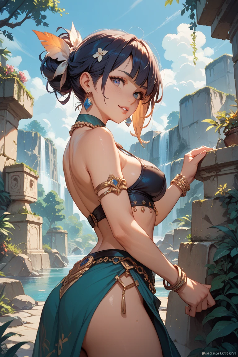 (Masterpiece:1.5), (((High qualityสุด, best quality, High quality))), ((complicated details, very detailed, Crazy details)), height, 32ก, Extremely detailed CG 8K unity wallpaper., (beautiful and beautiful:1.2),, (depth of field:1.3), (Flawless.:1.3), (Delicate depiction of details:1.4),
(((Abundant natural light, Delightful bright colors))), (Ambient volumetric backlight:1.5),  (Illustration of an extremely beautiful young woman:1.3),
(upper body:1.4), (perfect center:1.4), (Natural willow pose:1.5), (((movie corner))),
(1milf:1.5), (alone:1.4),
beautiful beautiful face, [(detailed face:1.2):0.2], Bright eyes, Pure Rose Face_v1, ulzzang-6500-v1.1,  (gag:1.5), (red lips:1.4), (full lips:1.4), (smile:1.3),
Flawless attractive body, (((The feminine curves are pronounced.))), Skin glows brightly., realistic skin, hair follicles, (((Tightening belly, navel, Groin:1.3))),
(((Golden thread flutters.))), (Fringed tassels:1.3), (Tight long sleeves:1.4), (Single neck), (The invention shines.:1.5),(Strapless Thai dress with no straps:1.3),(Show your breasts,The crevice is clear.), (Elegant and intricate clothing accessories:1.5), (Embroidery work decorated with gems:1.4), (sparkling clothes:1.4), (sparkling particles:1.3), (((The front seam is sagging., Sagging back seam))), (((earring, armband, Hair clips, hair accessories))), (Stand alone in a magical outdoor garden decorated with gems and colorful exotic flowers and shrubs.:1.5), (Outside the great ancient palace:1.5), (((full body))),(((ขับnavel,List of dances,Thai Dance))),((((rain,Thai dress wet from the rain,)))