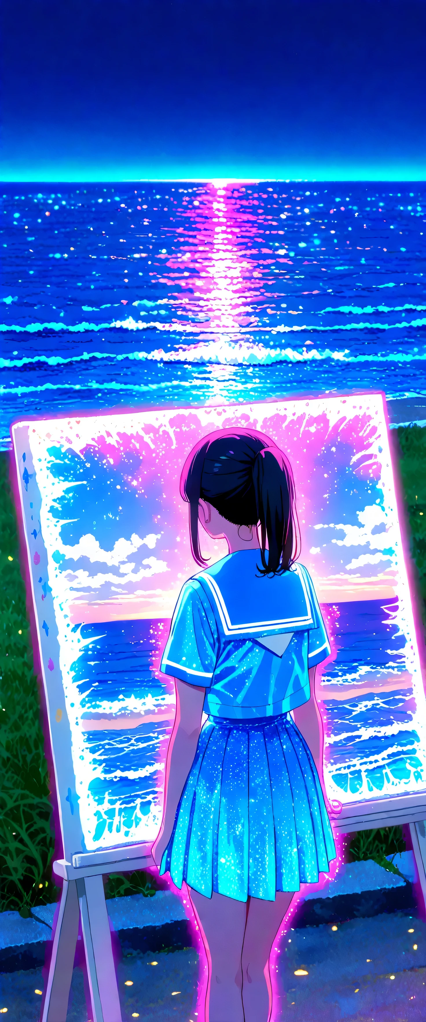 (beautiful girl: 1.3),1girl,masterpiece, Highest quality, Ultra-high resolution,rich contrast,super high quality,8k,Highly detailed CG unit wallpaper,texture,Incredibly absurd,Ultra-high resolution,RAW Photos,high school girl,(Blue and white sailor suit and pleated skirt:1.3),short sleeve,ponytail,Black hair,night,Moonlit Ocean,Horizon,xss,seaside road,Glitter effect,0__11Xx_illu,(glowing pink outline:1.3),(Drawing on a canvas:1.3)