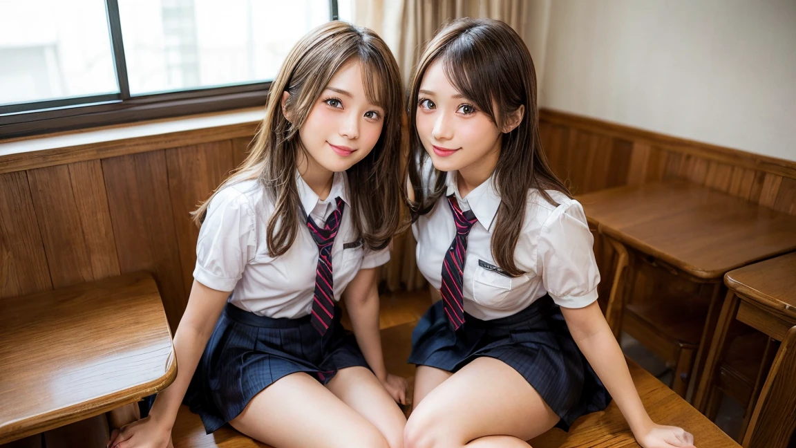 2 girl ,1 men, missionary style hand massage, tits massage job ,nude,cum shot pussy:2.0, penis , full body , Age18, gyaru make,school class room,school uniform,Look at me with a disdainful expression