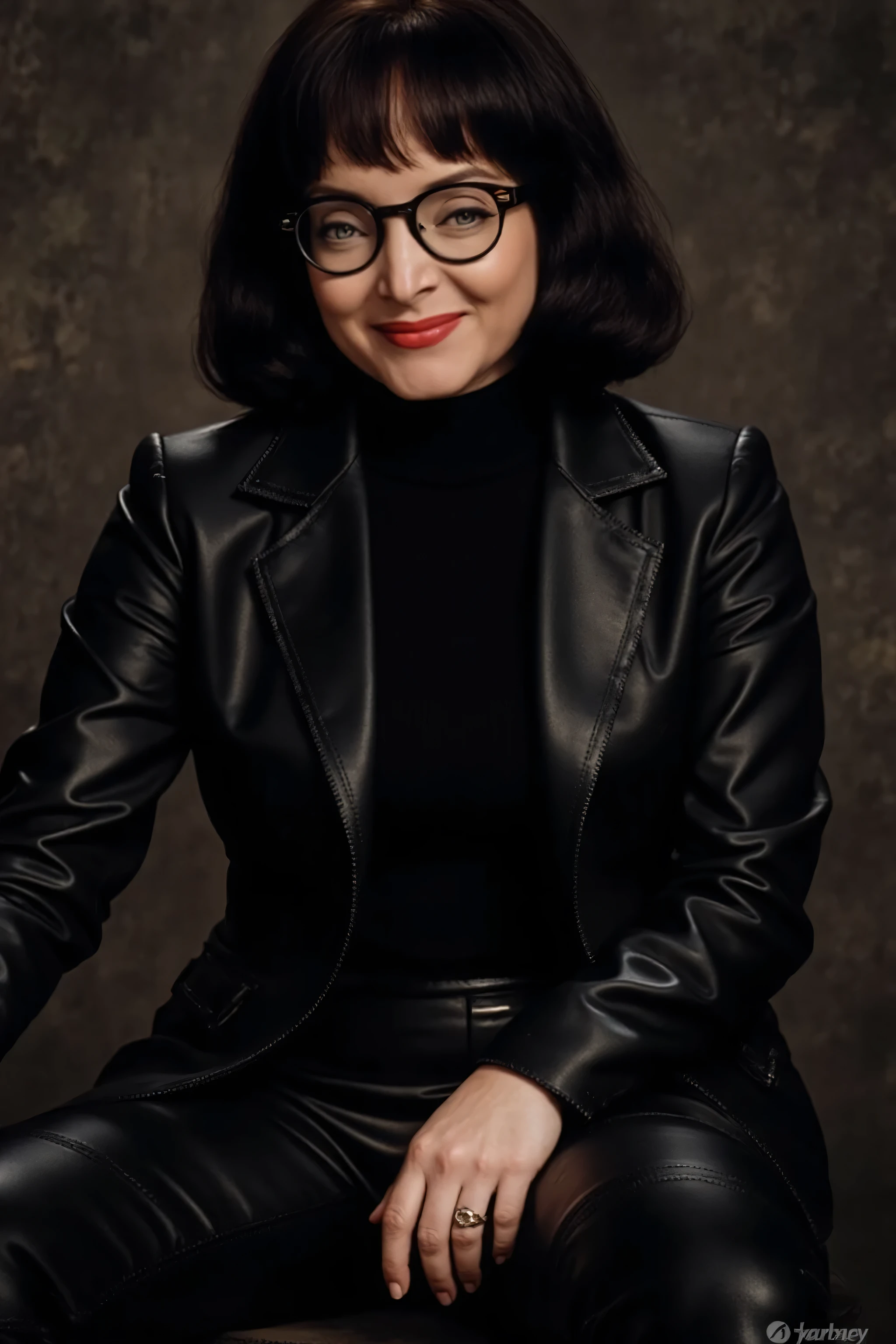 Ultrarealistic, 4k, highly detaily picture. Dark brunette Carolyn Jones wearing a black leather suit jacket, wearing black leather turtleneck blouse, wearing glasses, black leather pants, wearing black leather knee high boots. she is smiling. She is sitting on a chair