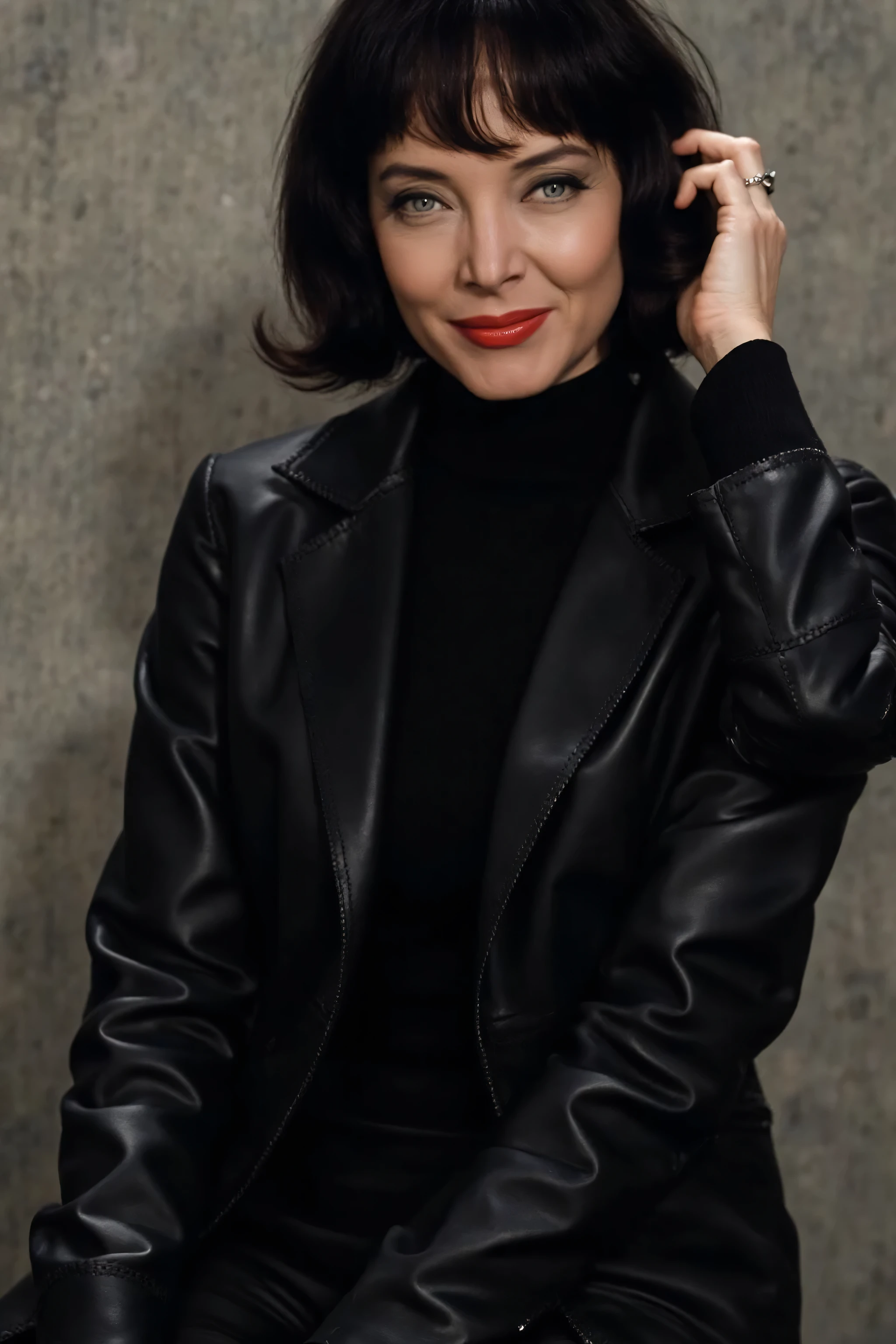 gravure, from the chest up, masutepiece, Best Quality, Ultra-detailed, Photorealistic, super detailed skin, Perfect Anatomy, (1 japanese mature woman), (Solo), 35 year old, Large breasts, Mature Actress, glamor, A sexy, Chromo-white skin, Looking at Viewer,(((Black leather jacket))),JINS