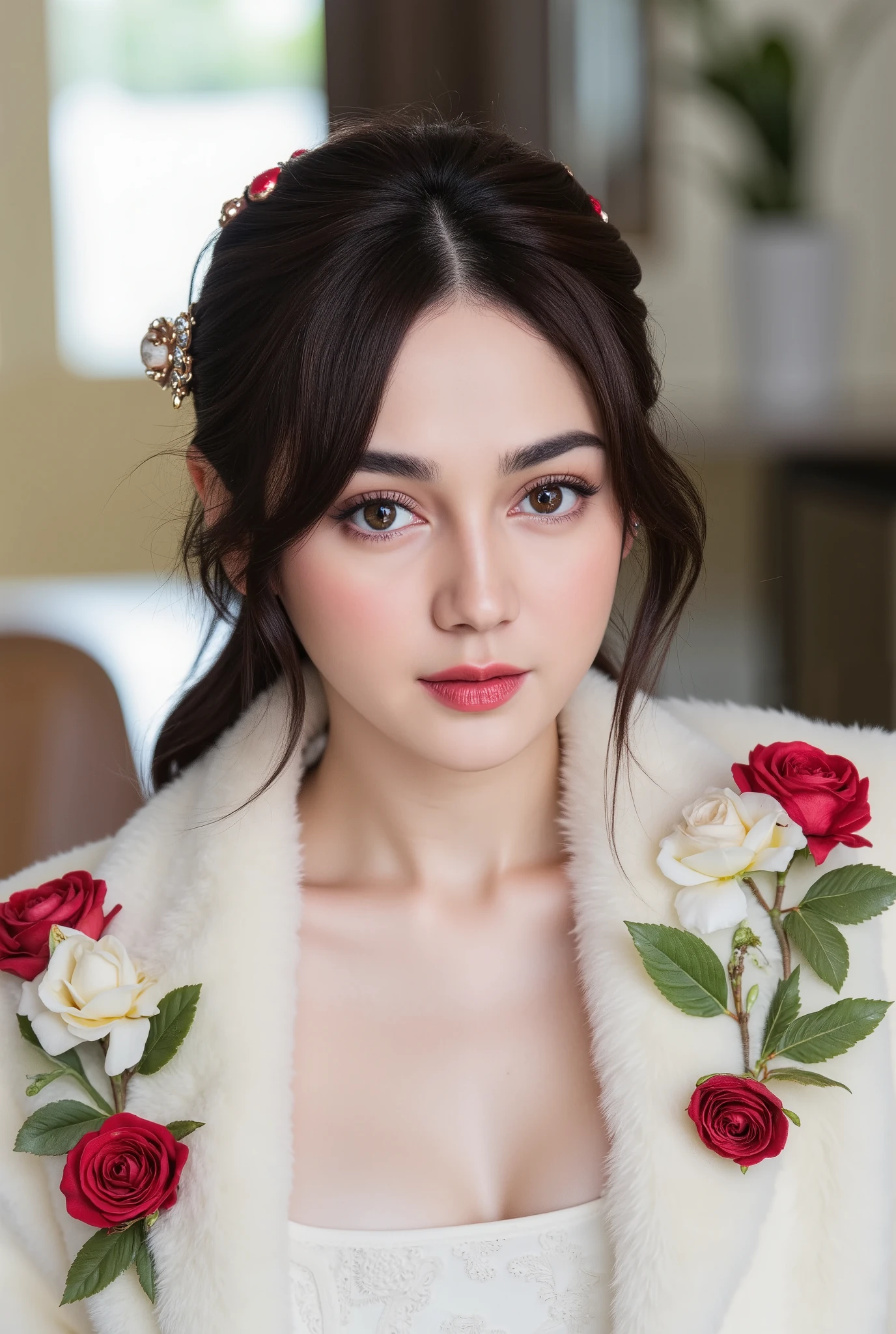 A breathtaking portrait of a young woman with soft straight black short pixie haircut styled, adorned with delicate red and white floral hair accessories. She has striking green eyes, a fair complexion, and a serene, confident expression. Her makeup is subtle yet elegant, with rosy cheeks and soft pink lips. She is wearing a luxurious white fur coat decorated with intricate red roses and green leaves, adding a touch of romantic sophistication. The background features a softly lit, elegant indoor setting with natural light coming through a window, creating a dreamy and ethereal atmosphere. The composition is refined, exuding warmth, grace, and a touch of fantasy."
